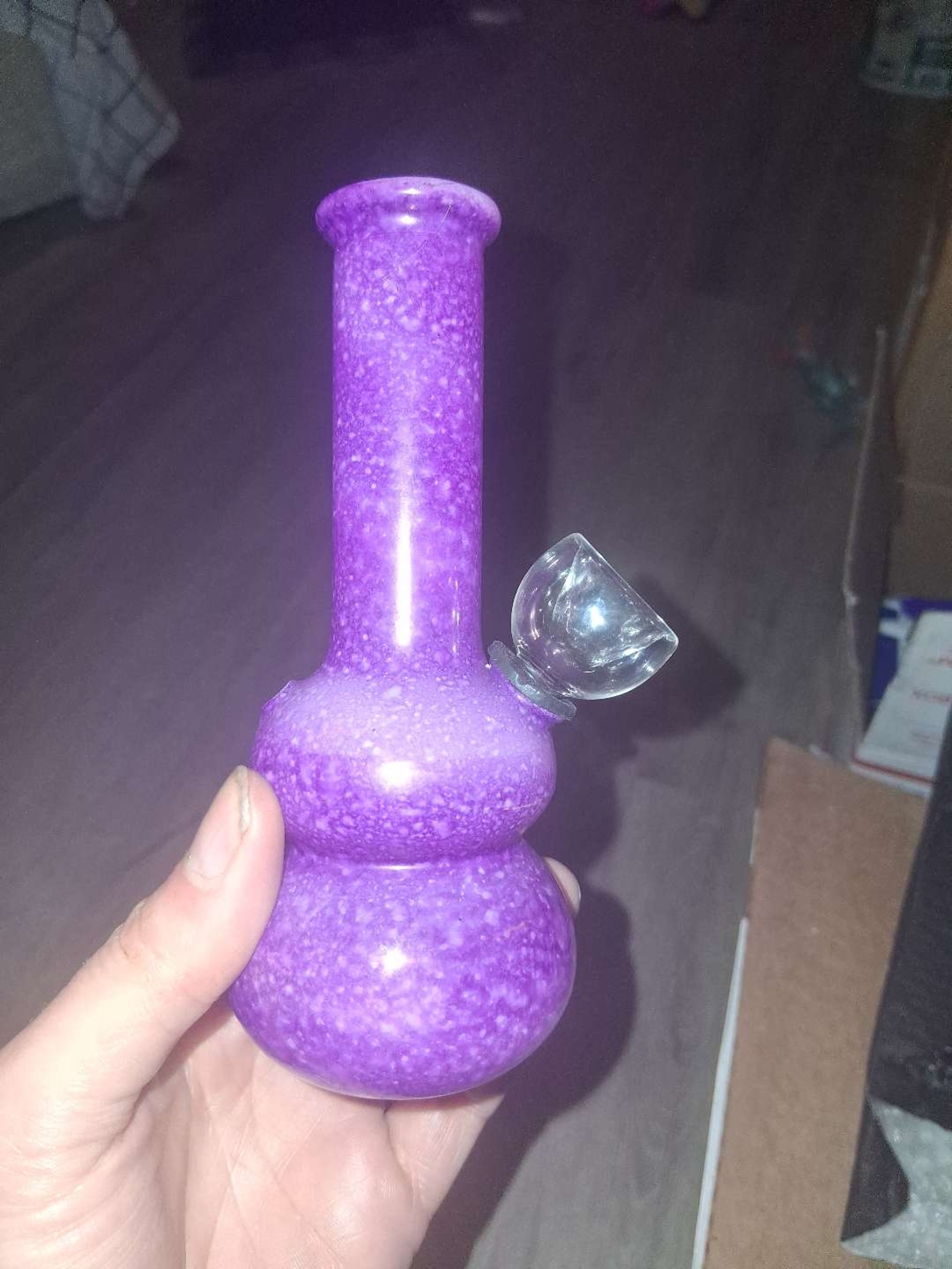 Preview pic of BRAND NEW Mini Purple Speckled Glass Water Pipe (Compact Bong)