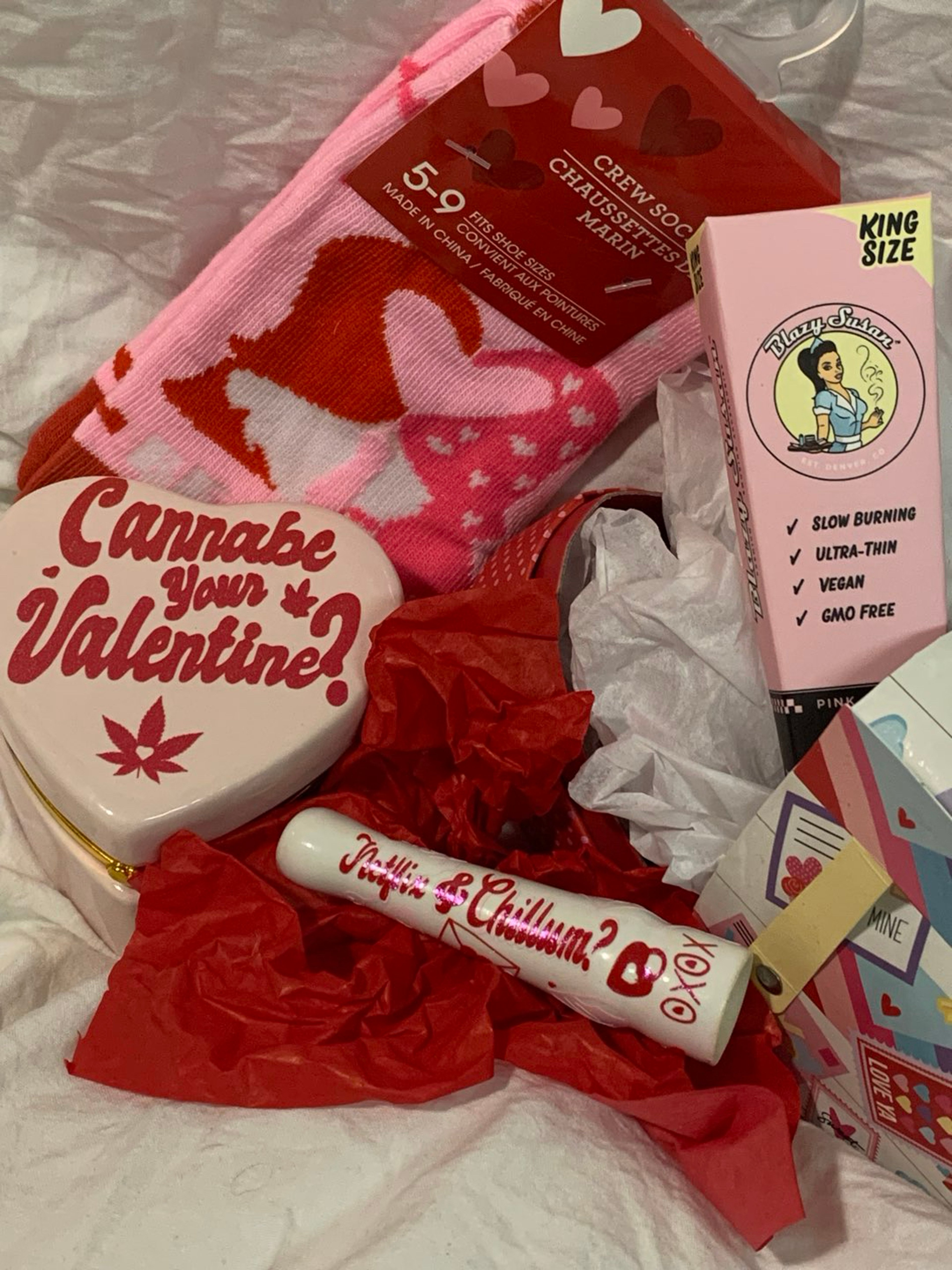 Preview pic of VALENTINES DAY package!  Custom & personalized glass ceramic chillum pipe, stash box heart, 3 pink cones, cozy socks, all gift wrapped in gift box!  Personalize names and dates or anniversaries!!!