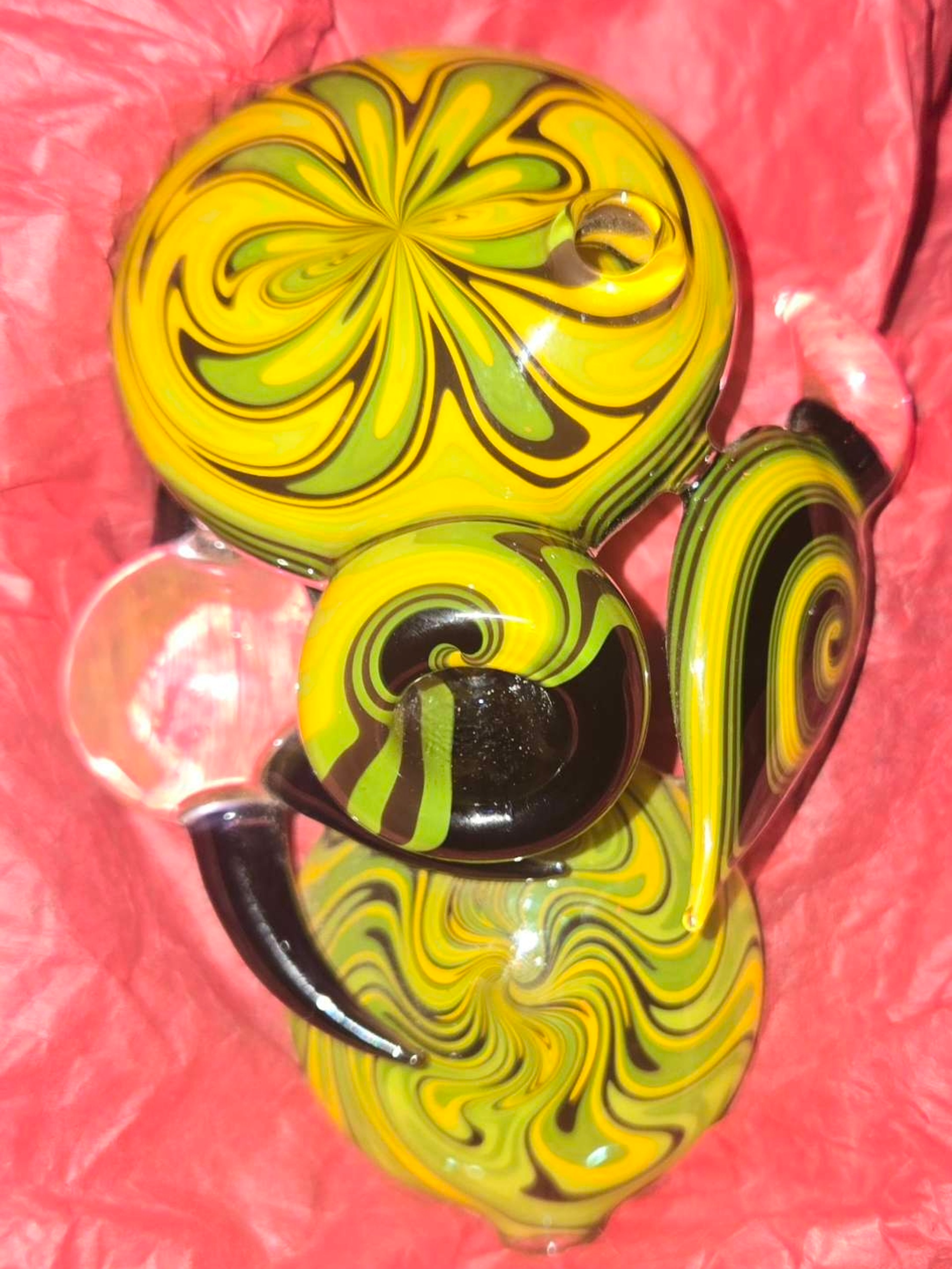 Preview pic of Custom Patrick Wilson (PW Glass) Signed Multi-Chamber Heady Pipe – Green/Yellow Wig-Wag Masterpiece