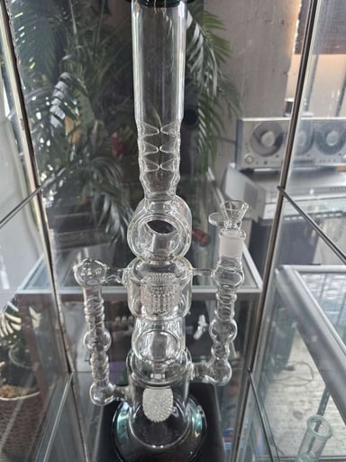 Preview pic of Large Clear Worked Glass Percolated Water Pipe – Multi-Chamber Design