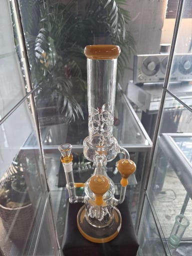 Preview pic of Clear Glass Water Pipe – Amber Gold Accents & Multi-Percolator
