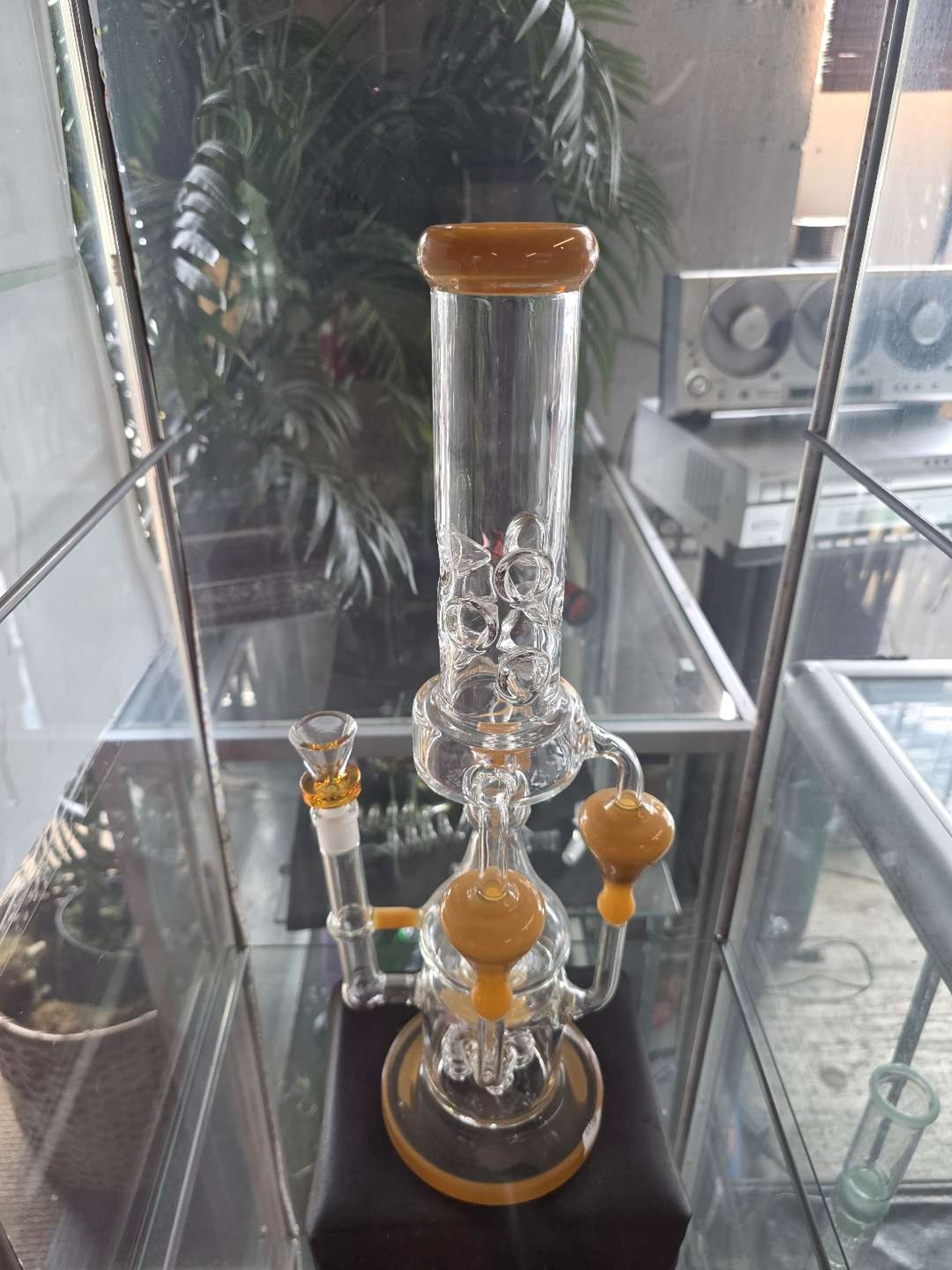 Preview pic of Clear Glass Water Pipe – Amber Gold Accents & Multi-Percolator