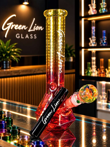 Preview pic of Green Lion Glass 10" Red Amber Geometric Bong + Heady Bowl & Smell-Proof Tube