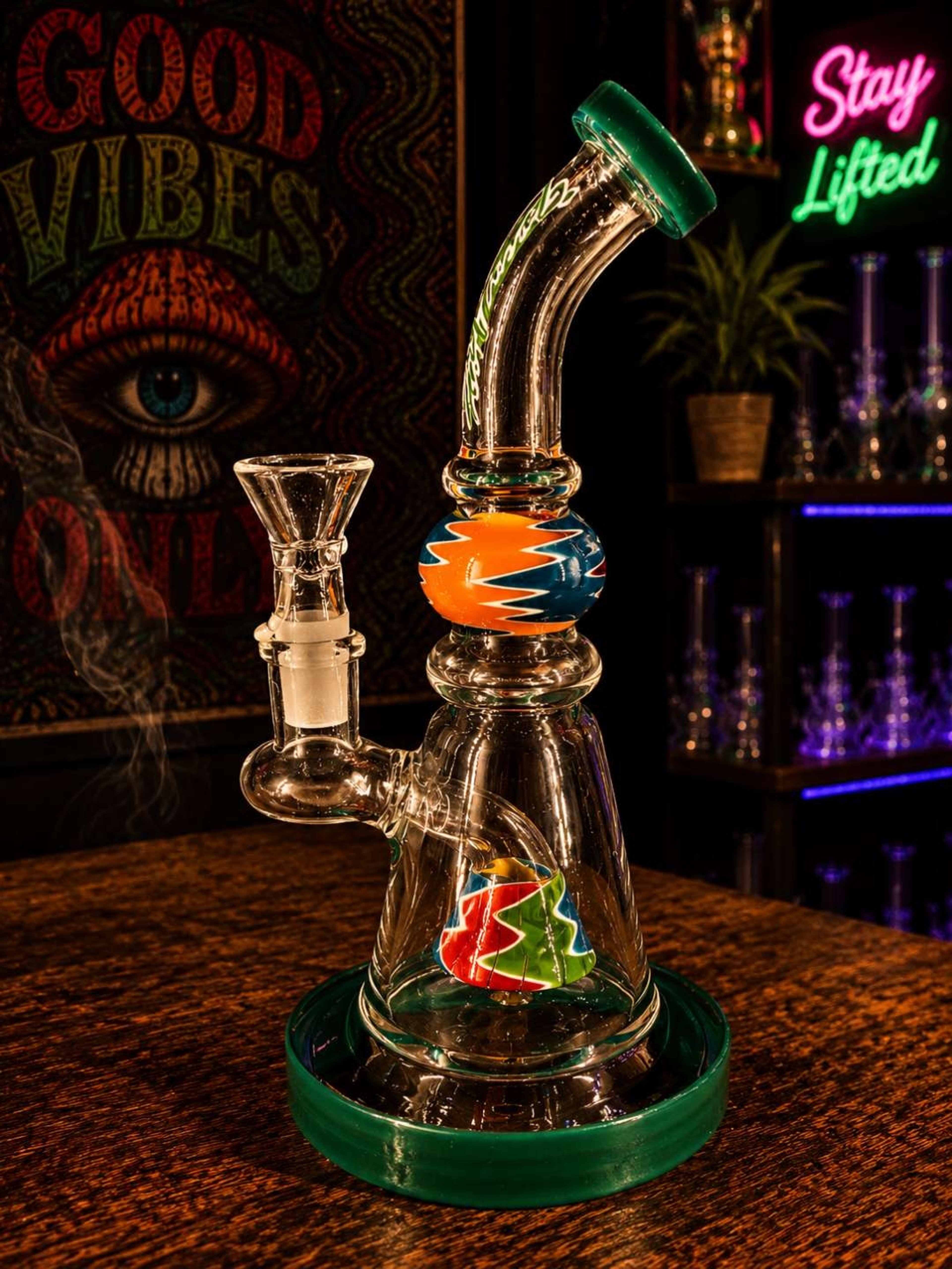Preview pic of Green Lion Glass 8" Worked Wig Wag Bong – Green Accents, Bent Neck & Perc