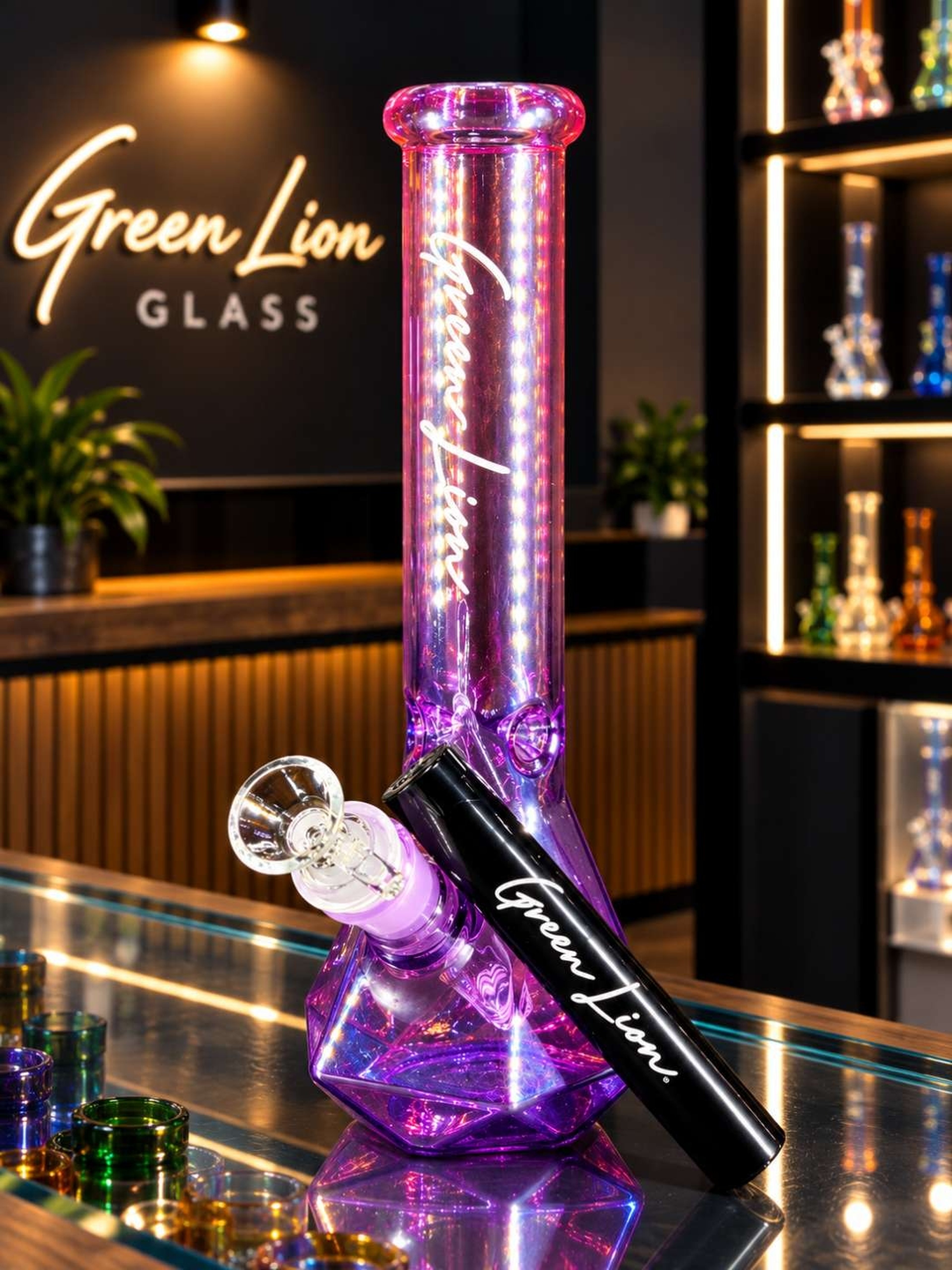 Preview pic of Green Lion Glass 10" Purple Geometric Bong – Faceted Base + Smell Proof Tube