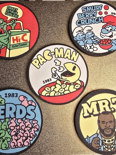 Preview pic of Retro 80s Nostalgia Function Coaster/Mats [Pick One] (Mr. T, Ecto Cooler, Nerds)
