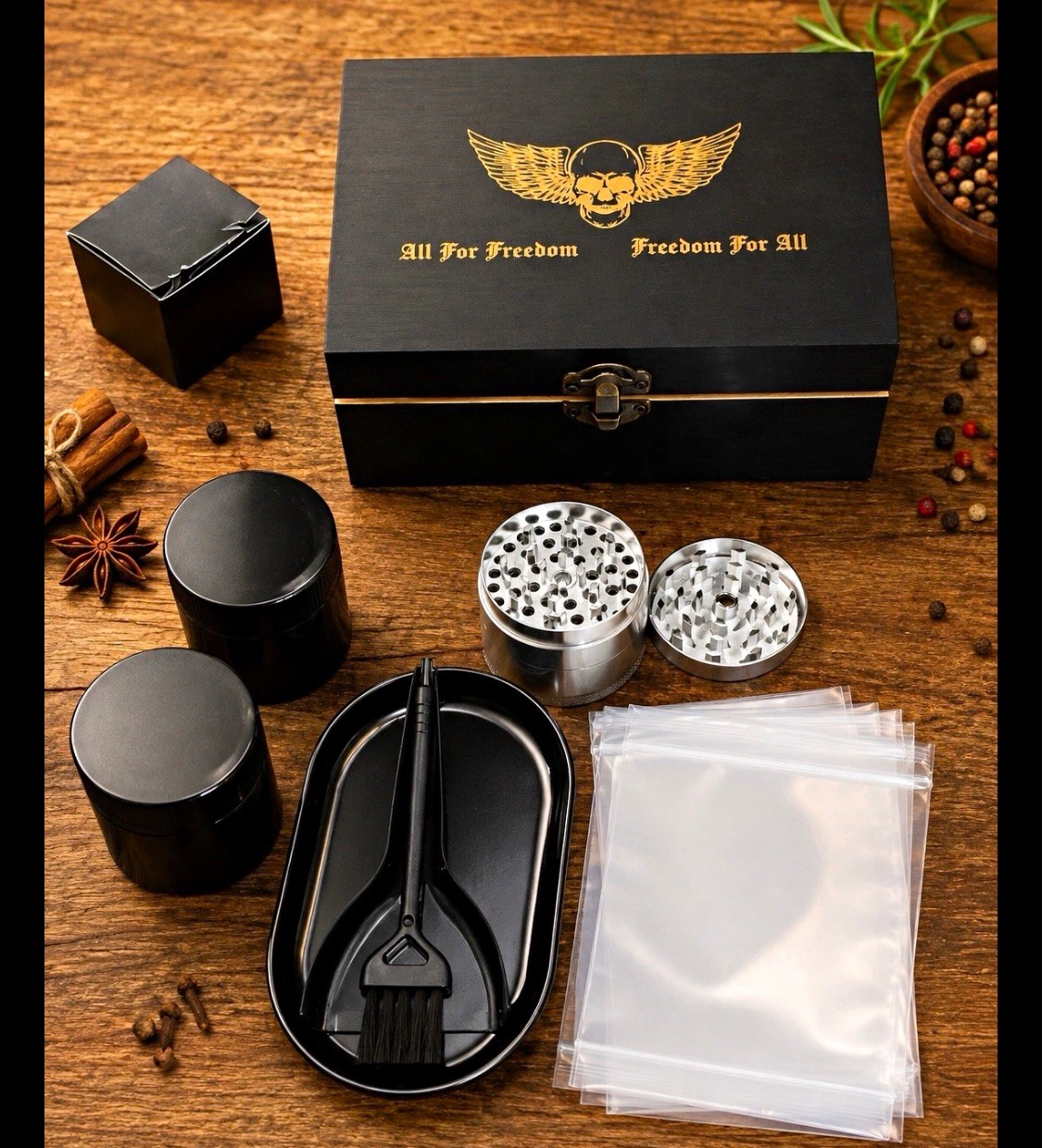 Preview pic of Herb Grinder Stash Box Set Rolling Tray Storage Jars Smell Proof Bags Gift Kit