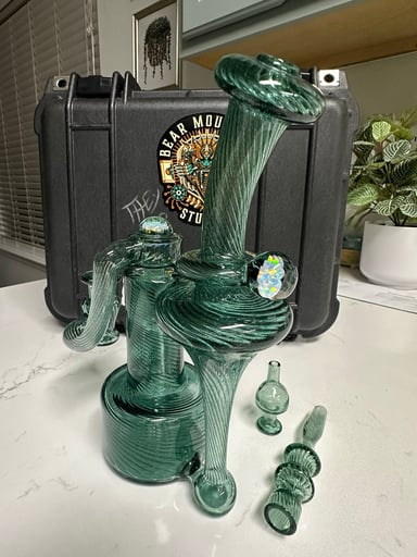 Preview pic of BMS 14mm DD RBR Scalloped Atlantis with 14mm matching drop down stem, one hitter, bubble cap, and signed pelican case. Bear Mountain Studios, Th3ydidit