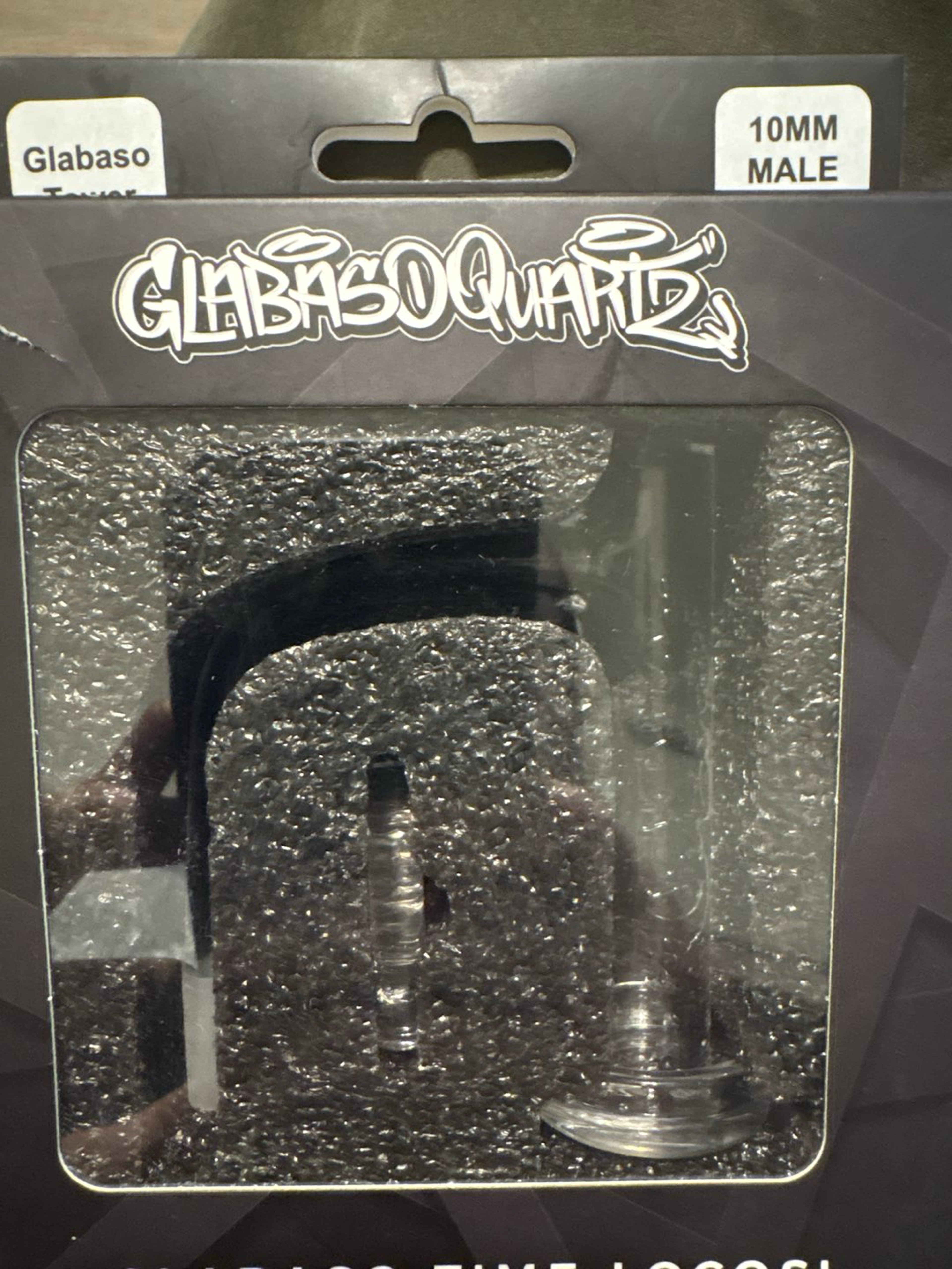 Preview pic of 10mm male 90° Glabaso Quartz tower dabbing accessory set featuring a thick-walled quartz tower design and an included terp pillar.