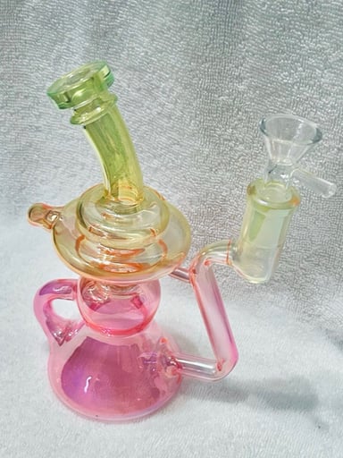 Preview pic of Iridescent bright pink & yellow glass recycler