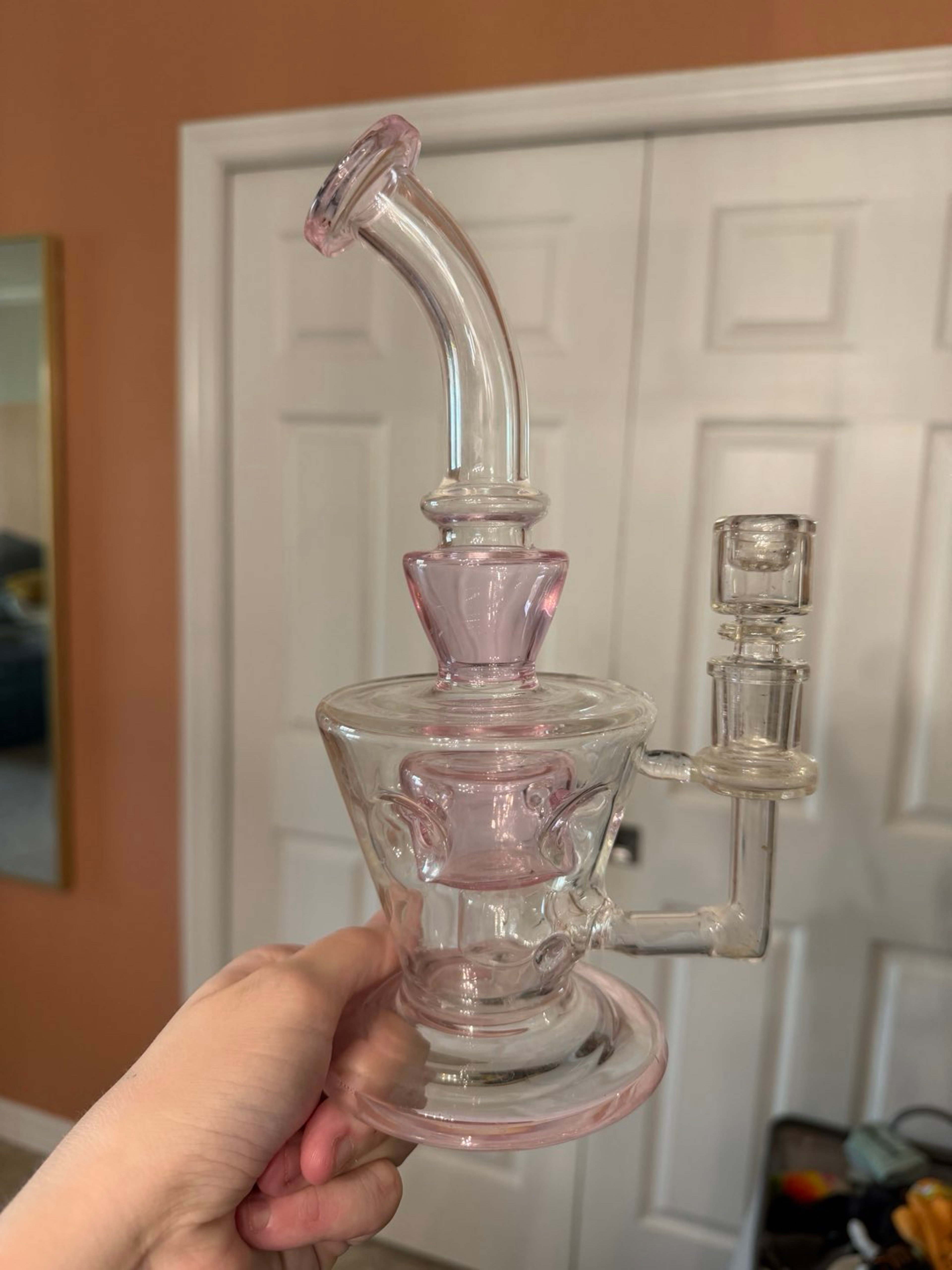 Preview pic of pink-tinted glass recycler dab rig