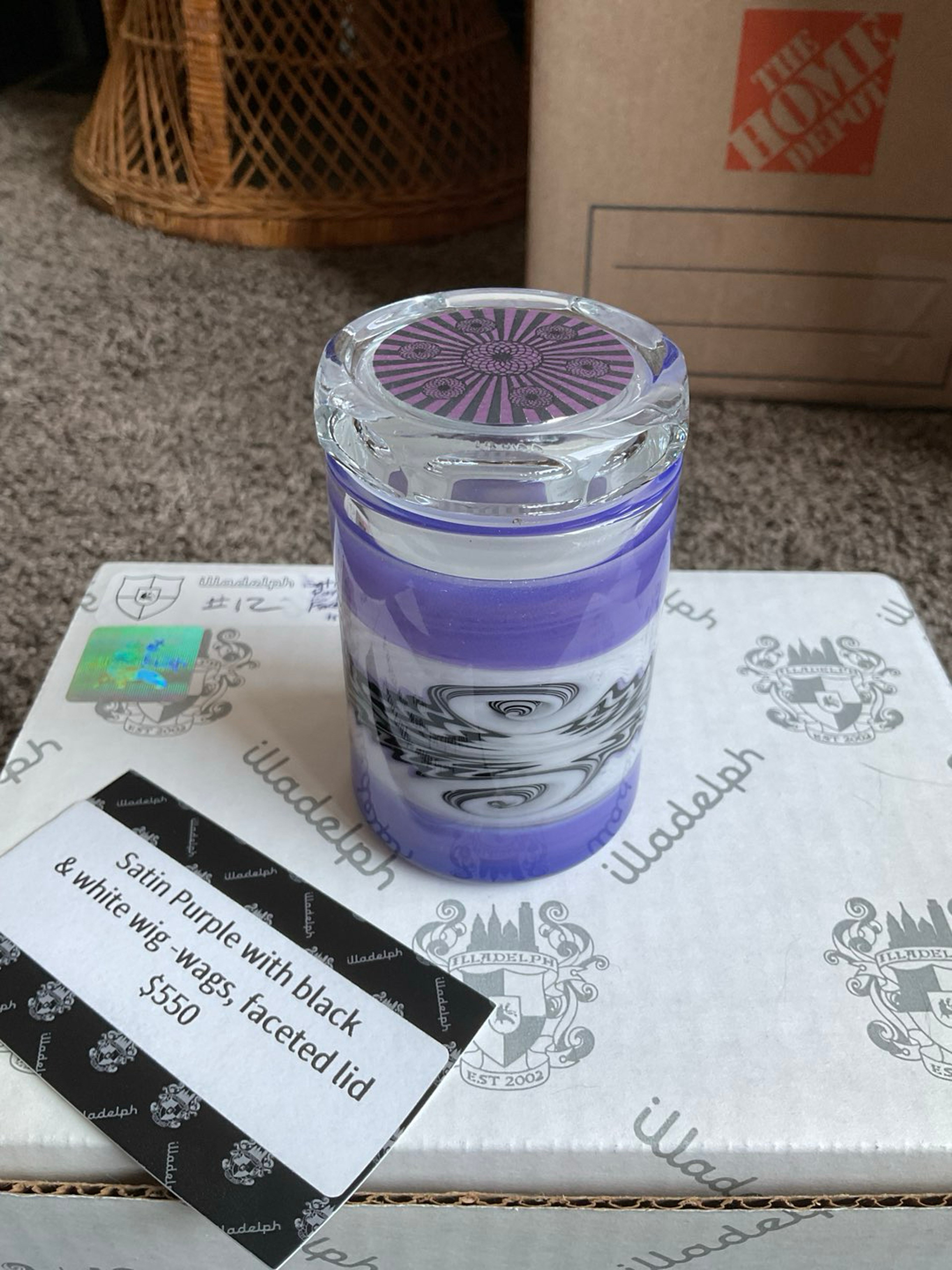 Preview pic of Illadelph satin purple with black and white wig-wag faceted jar