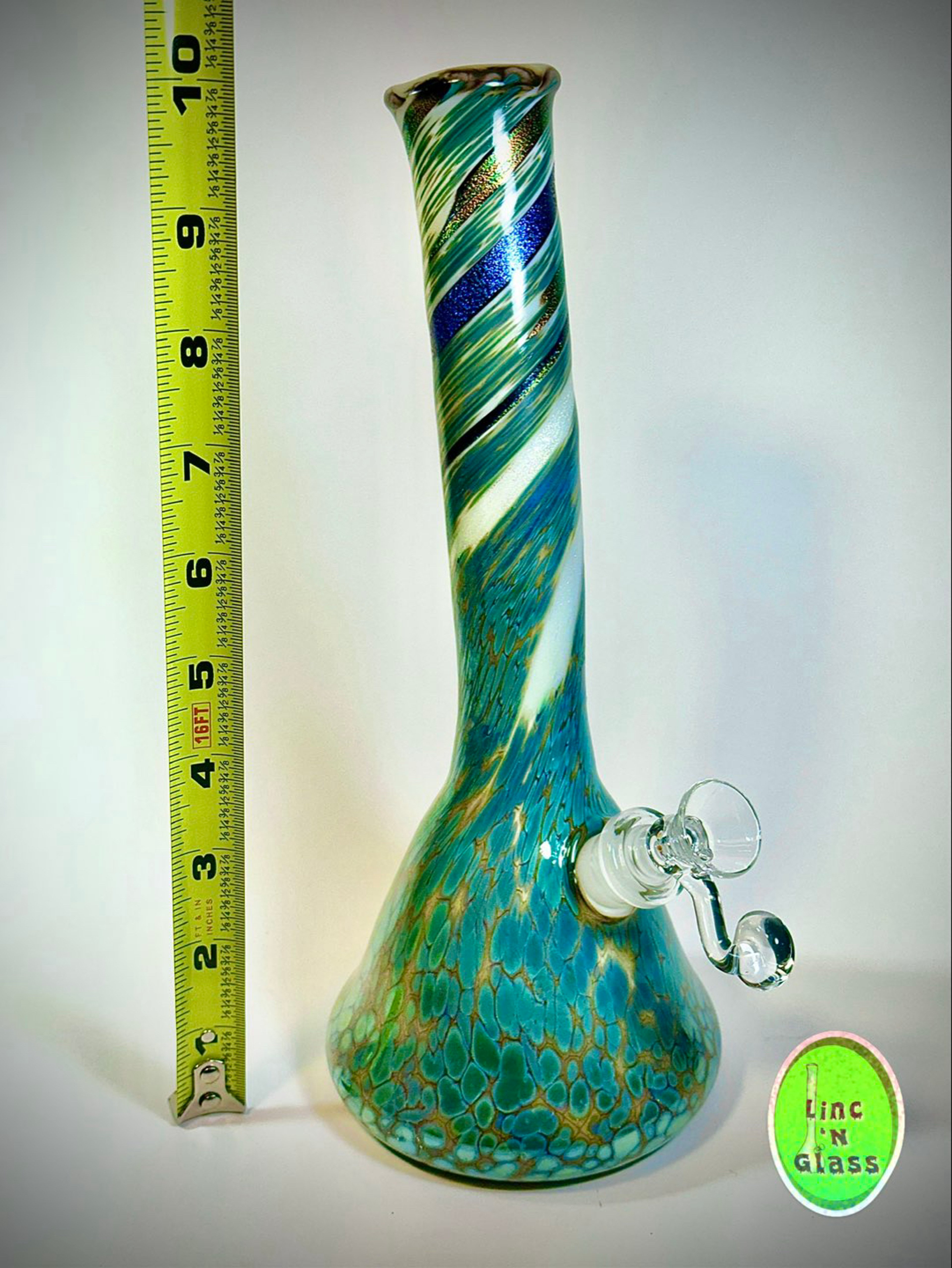 Preview pic of Special K 10” Signed Hand-Blown Soft Glass Beaker Bong || White, Turquoise & Dichroic, 2024