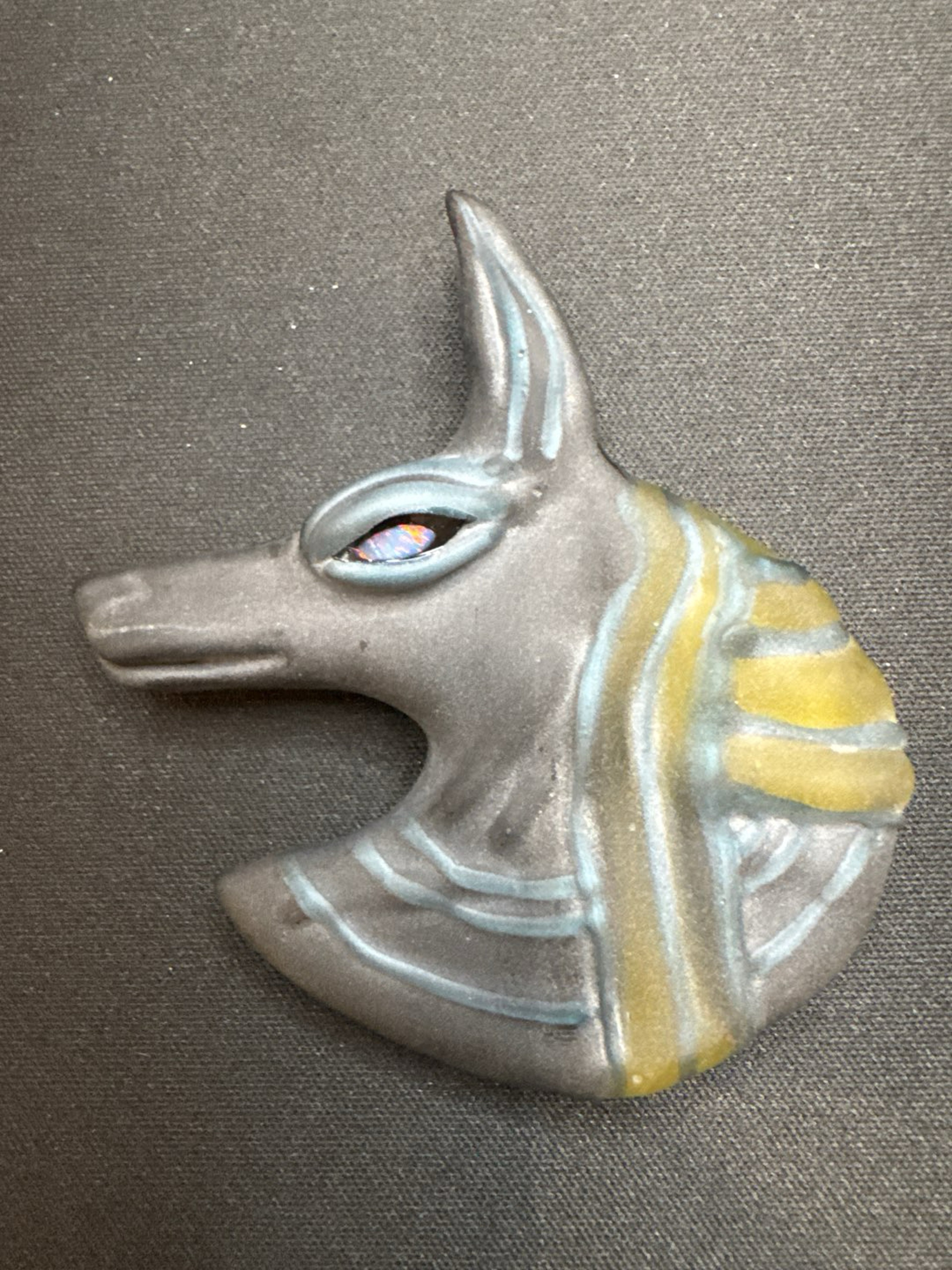 Preview pic of Mako Glass (@makoglass) Frosted Anubis Head Pendant – Opal Eyes & Cold Work