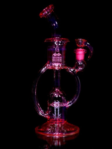 Preview pic of Sovereignty Glass - Full-color Mini Double Hornet - Stemline 16mm 6 Cut w/ Splashguard - Telemagenta Lite - 14mm Female