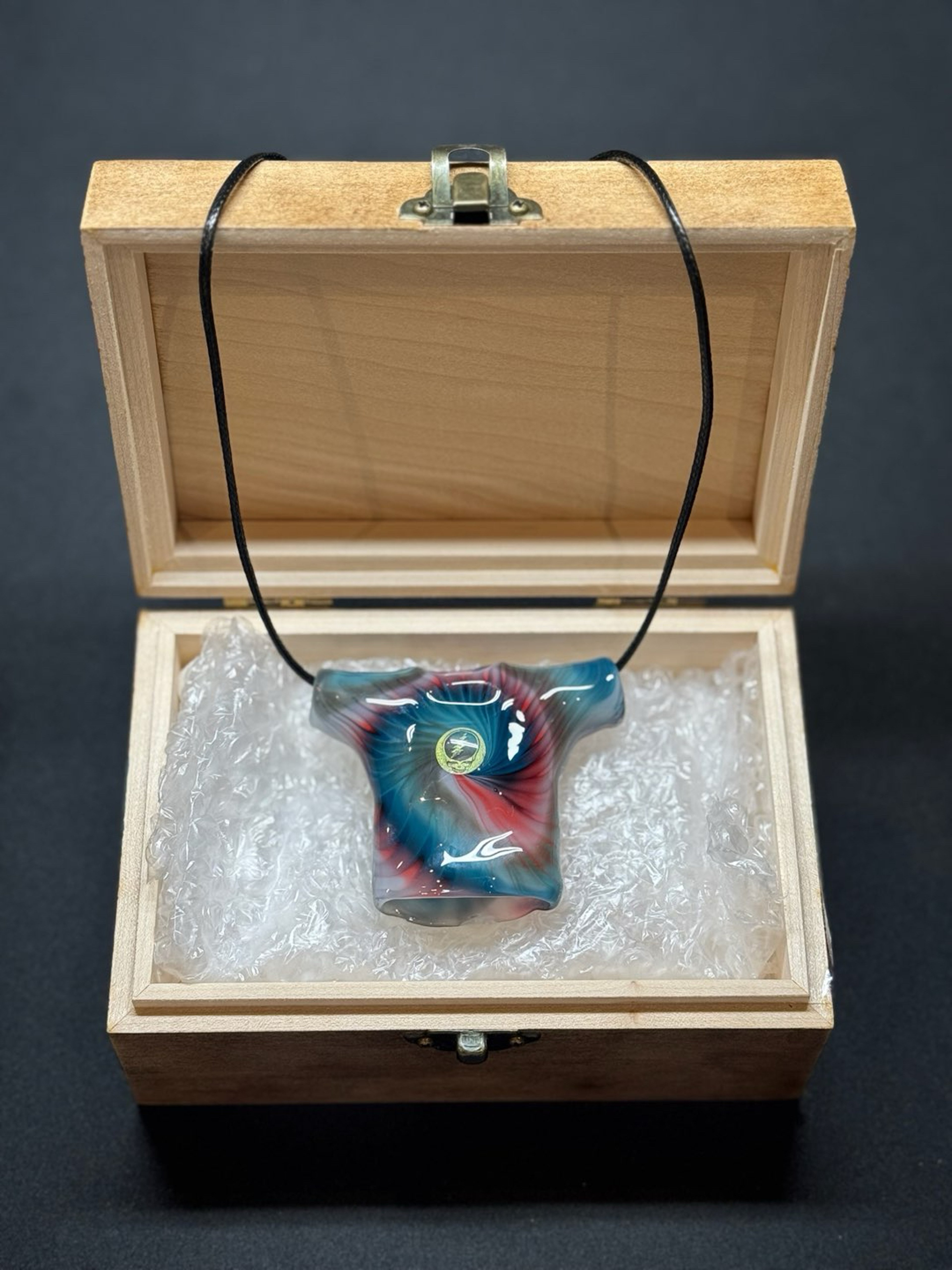 Signed Regis Glass Tie-Dye T-Shirt Pendant w/ Grateful Dead Stealie & Custom Box image 0