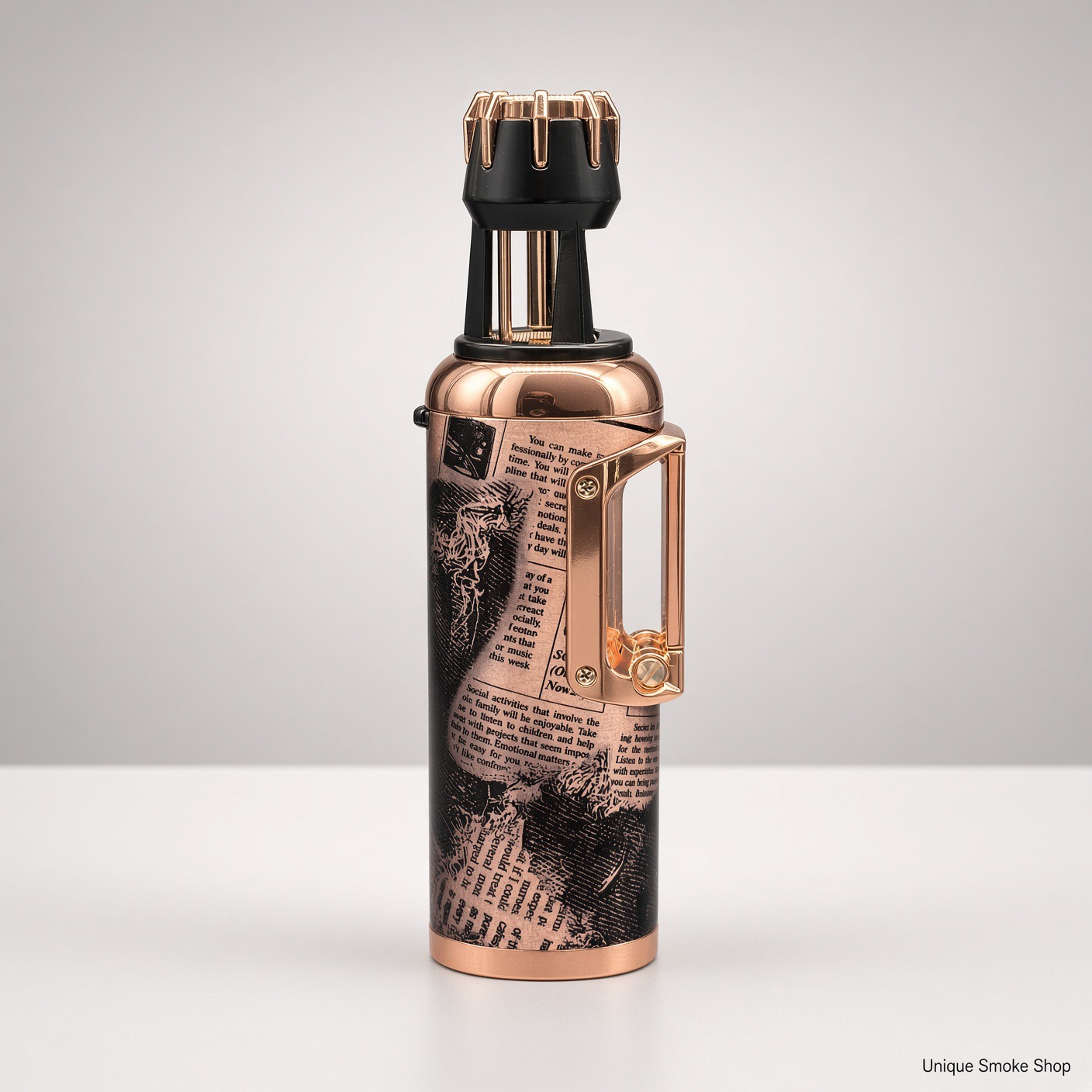 Preview pic of 5" Scorch 61857 Standing Jet Torch | Newspaper Print Copper | Clip-On Butane Lighter