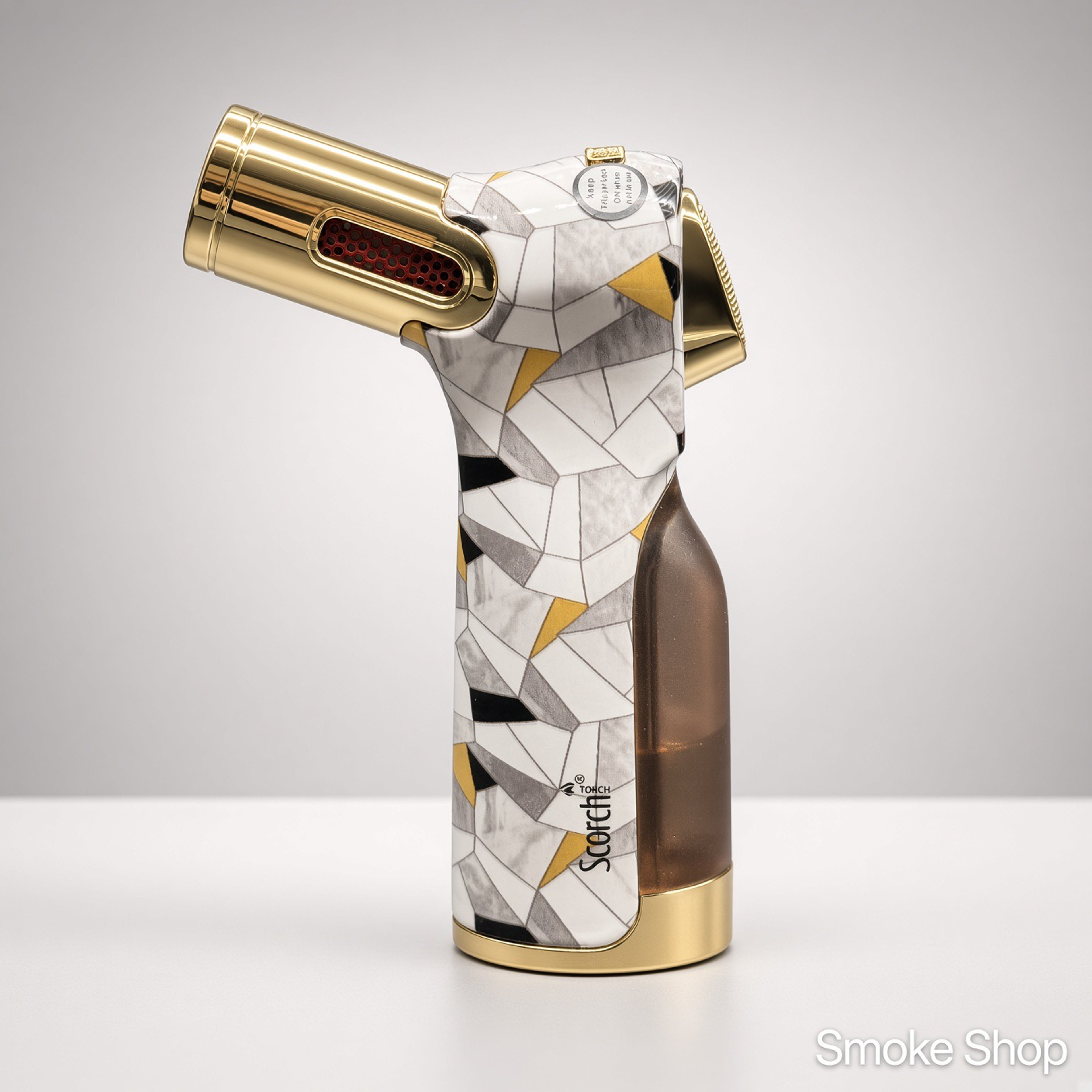 Preview pic of Scorch 61754 4-Flame Pistol Lighter | White Geometric Gold | 4" Butane Torch