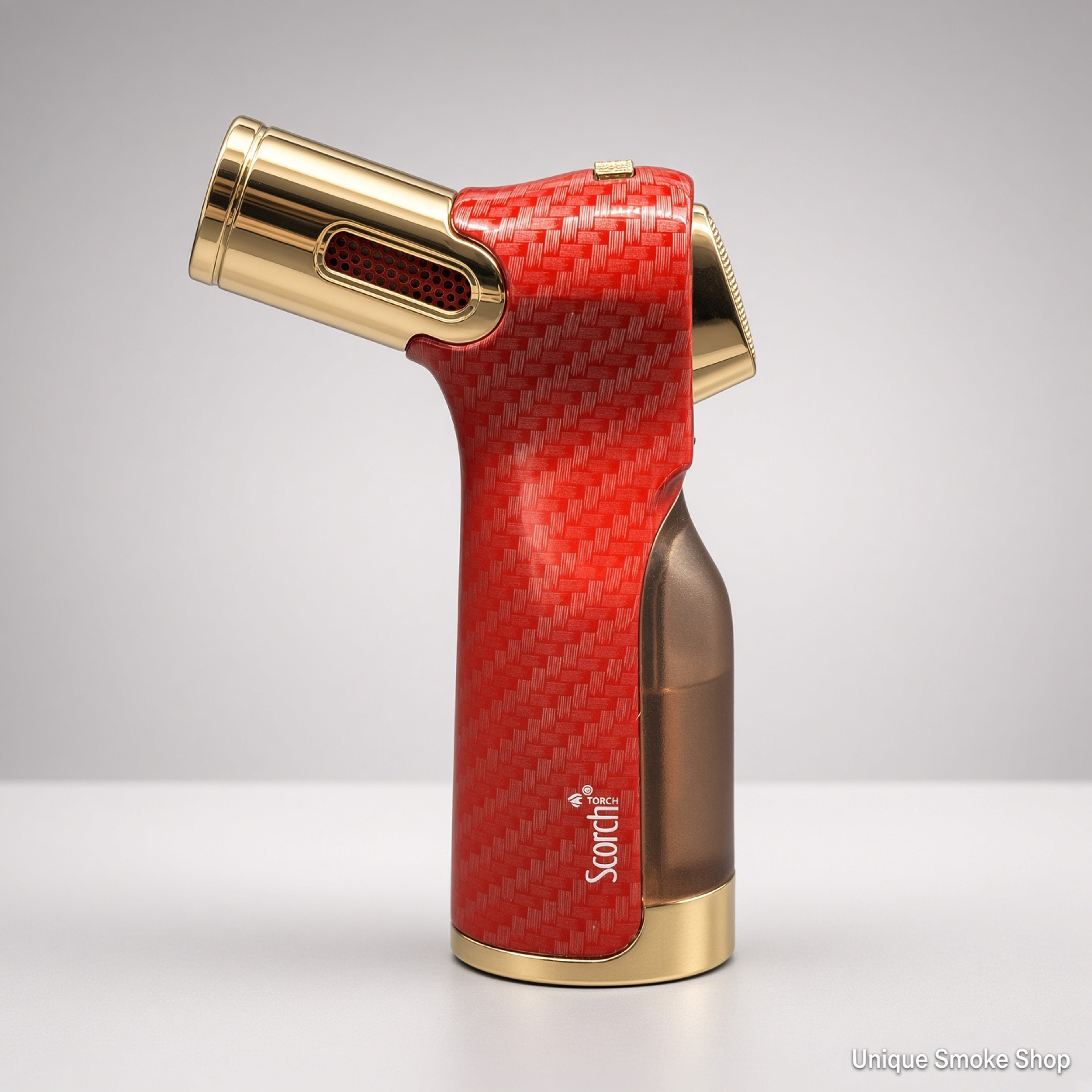 Preview pic of Scorch 61754 4-Jet Torch Lighter | Red Carbon Gold | Pistol Grip Butane