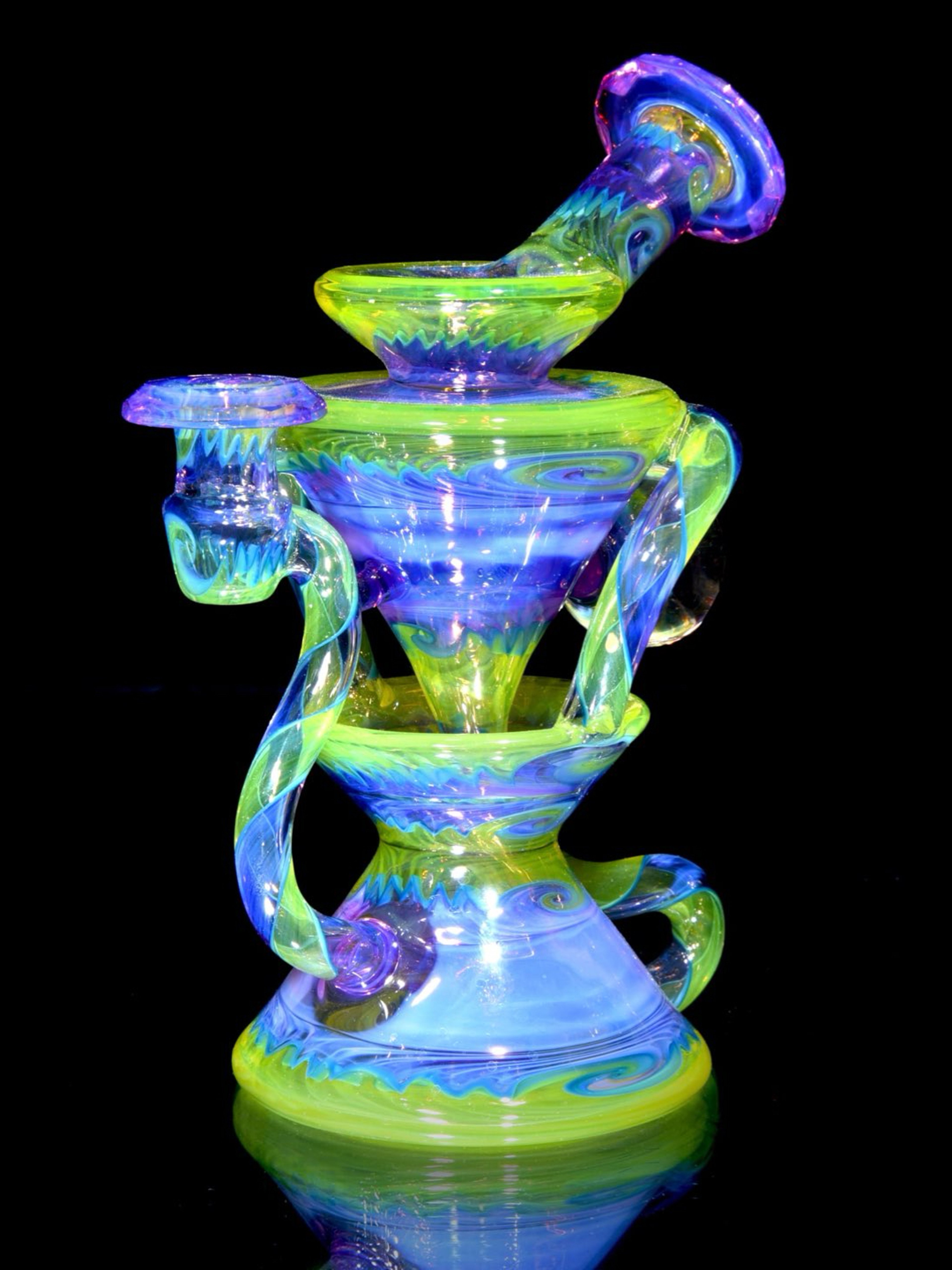 Capt’n Cronic - Fully-worked Faceted Two & Through Double-uptake Floating Recycler - Full Royal Jelly/Lemon Drop Linework - 10mm Female image 0