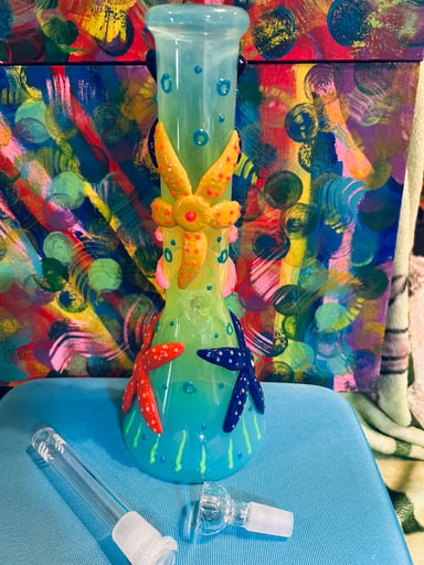 Preview pic of Vibrant handmade glass water bong with colorful starfish design