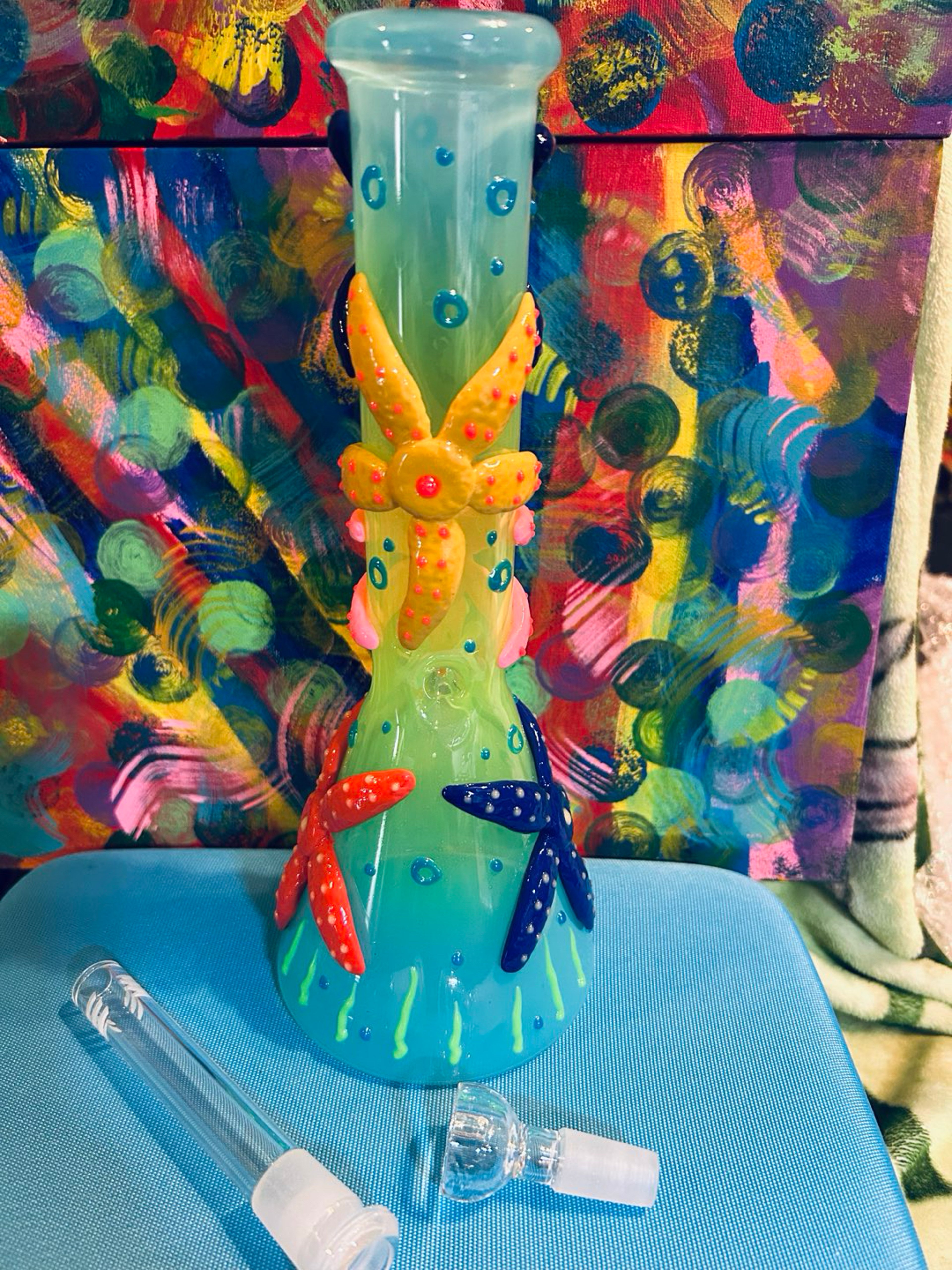 Preview pic of Vibrant handmade glass water bong with colorful starfish design