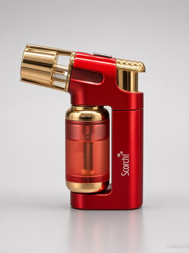 Preview pic of Scorch 61794 – 3” Red/Gold Single Jet Metal Torch | Cigar Punch + Safety Lock
