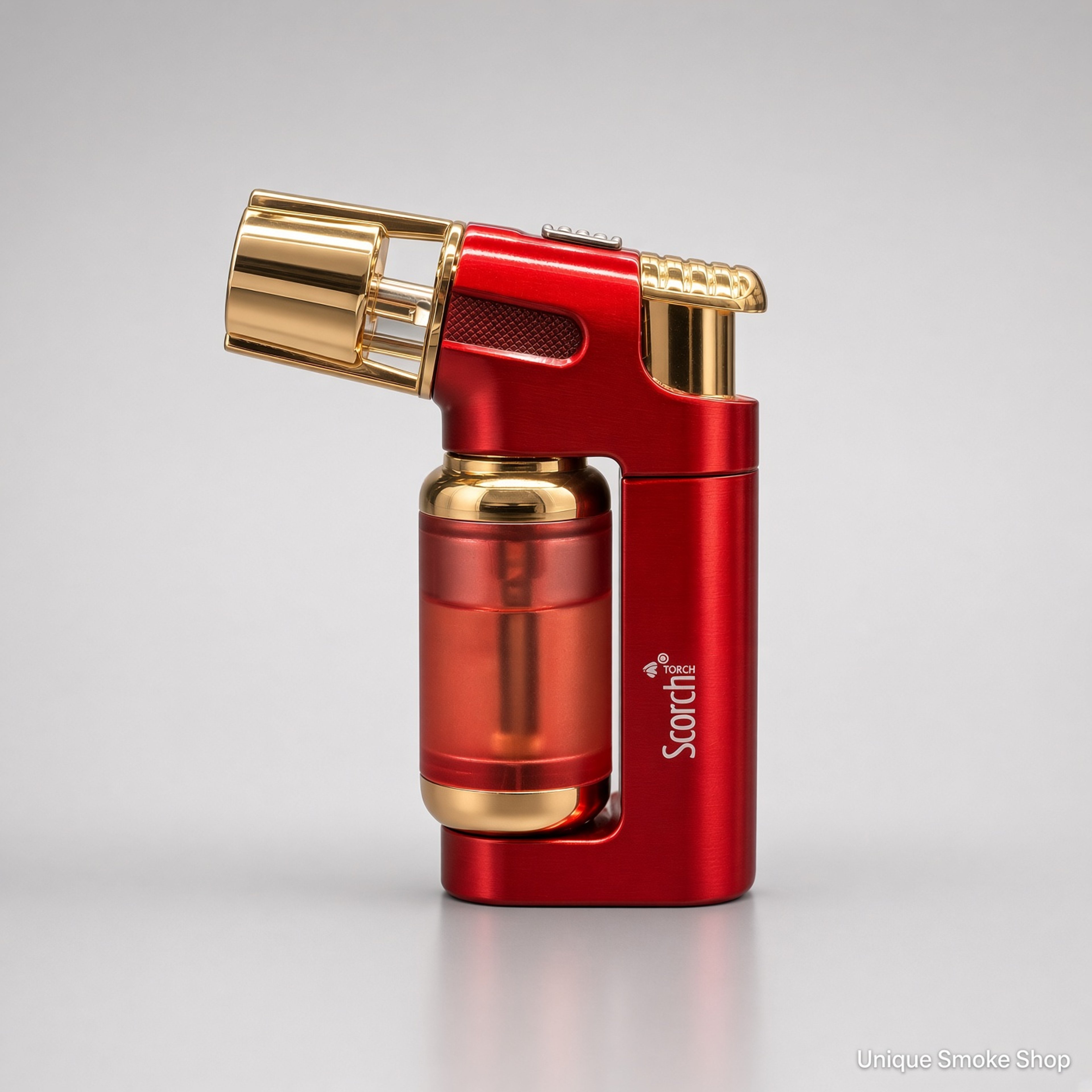 Preview pic of Scorch 61794 – 3” Red/Gold Single Jet Metal Torch | Cigar Punch + Safety Lock