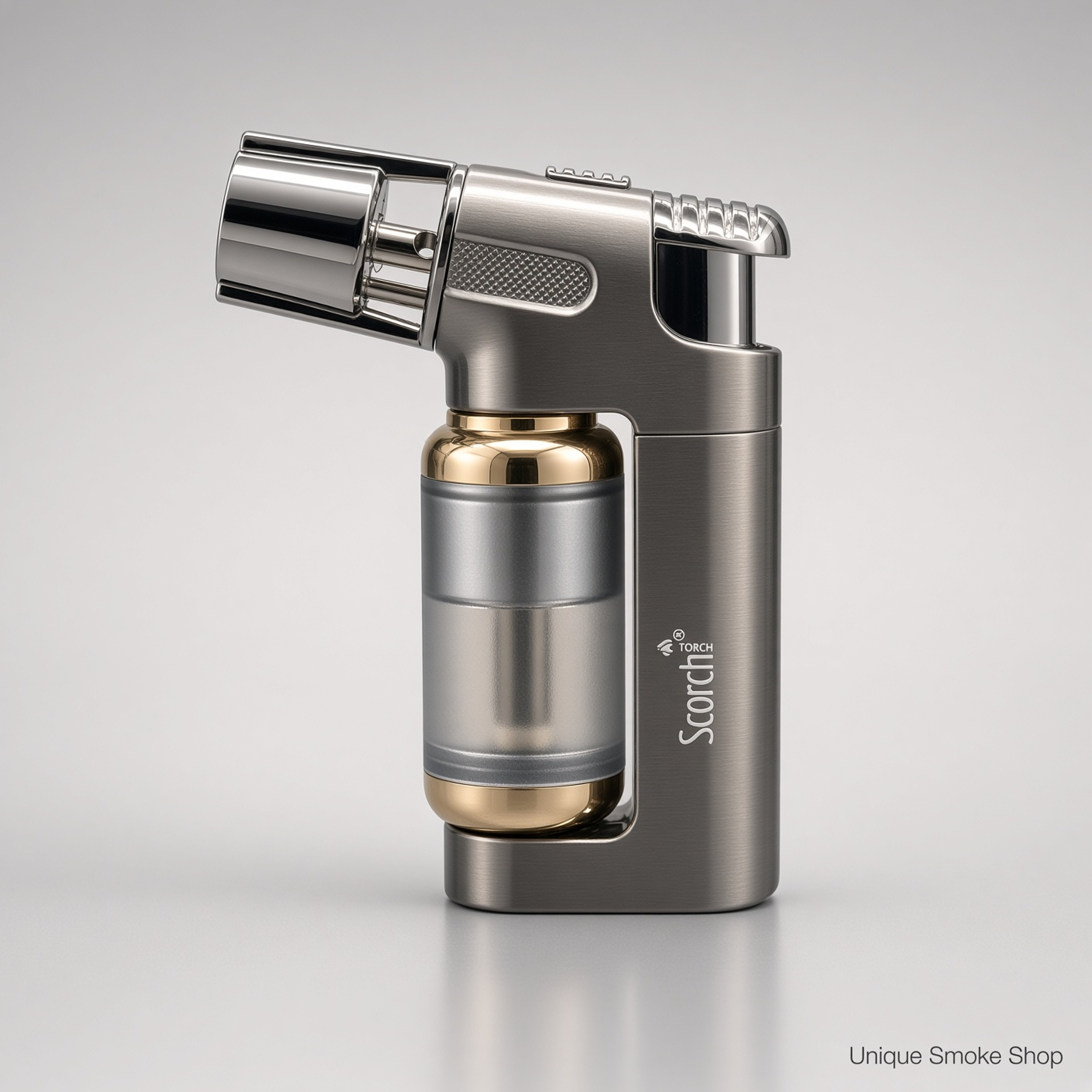 Preview pic of Scorch 61794 – 3” Gunmetal/Silver Single Jet Metal Torch | Punch + Safety Lock