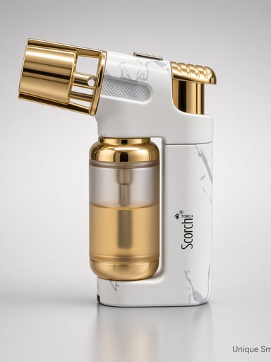 Preview pic of Scorch 61794 – 3” White Marble/Gold Single Jet Metal Torch | Punch + Safety Lock