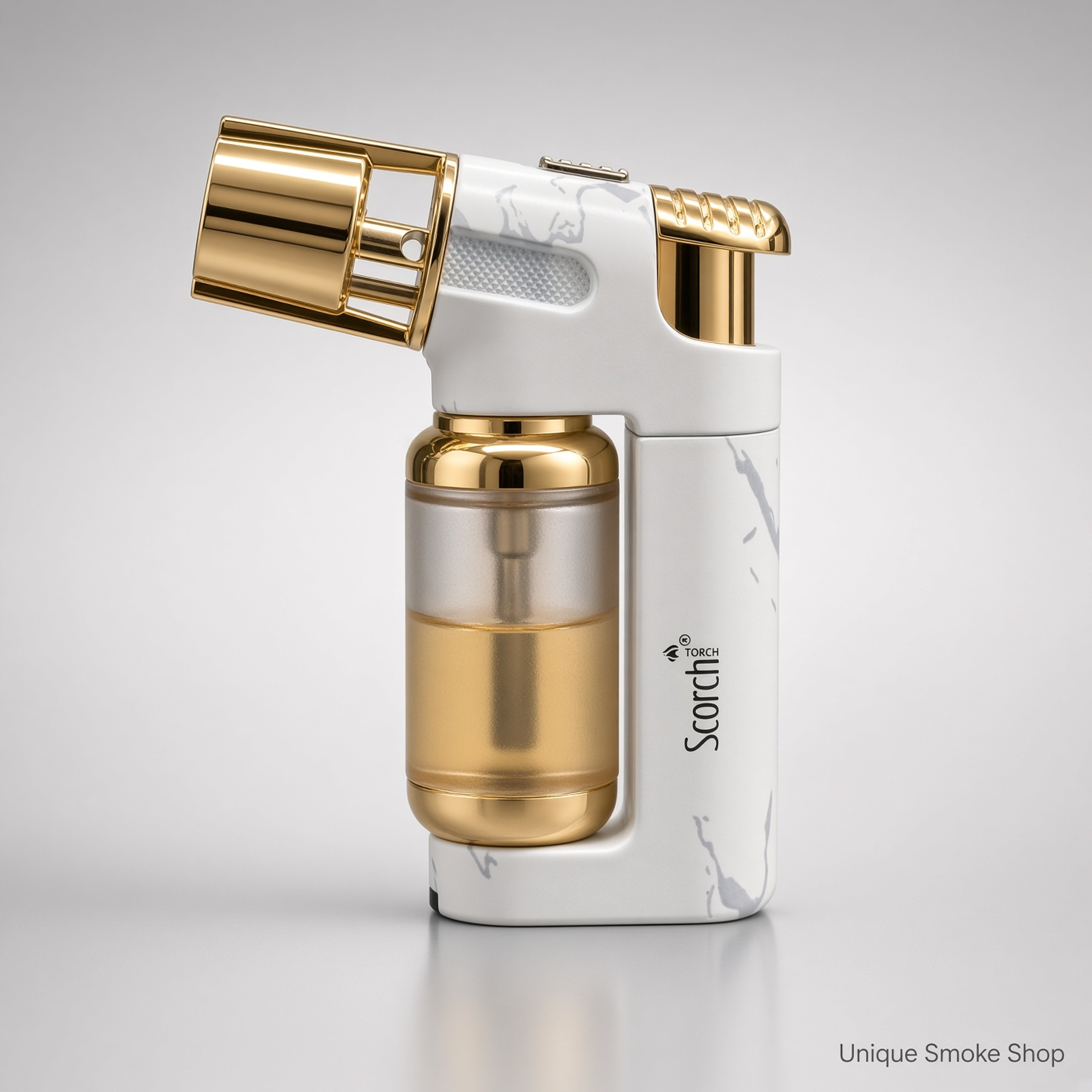 Preview pic of Scorch 61794 – 3” White Marble/Gold Single Jet Metal Torch | Punch + Safety Lock