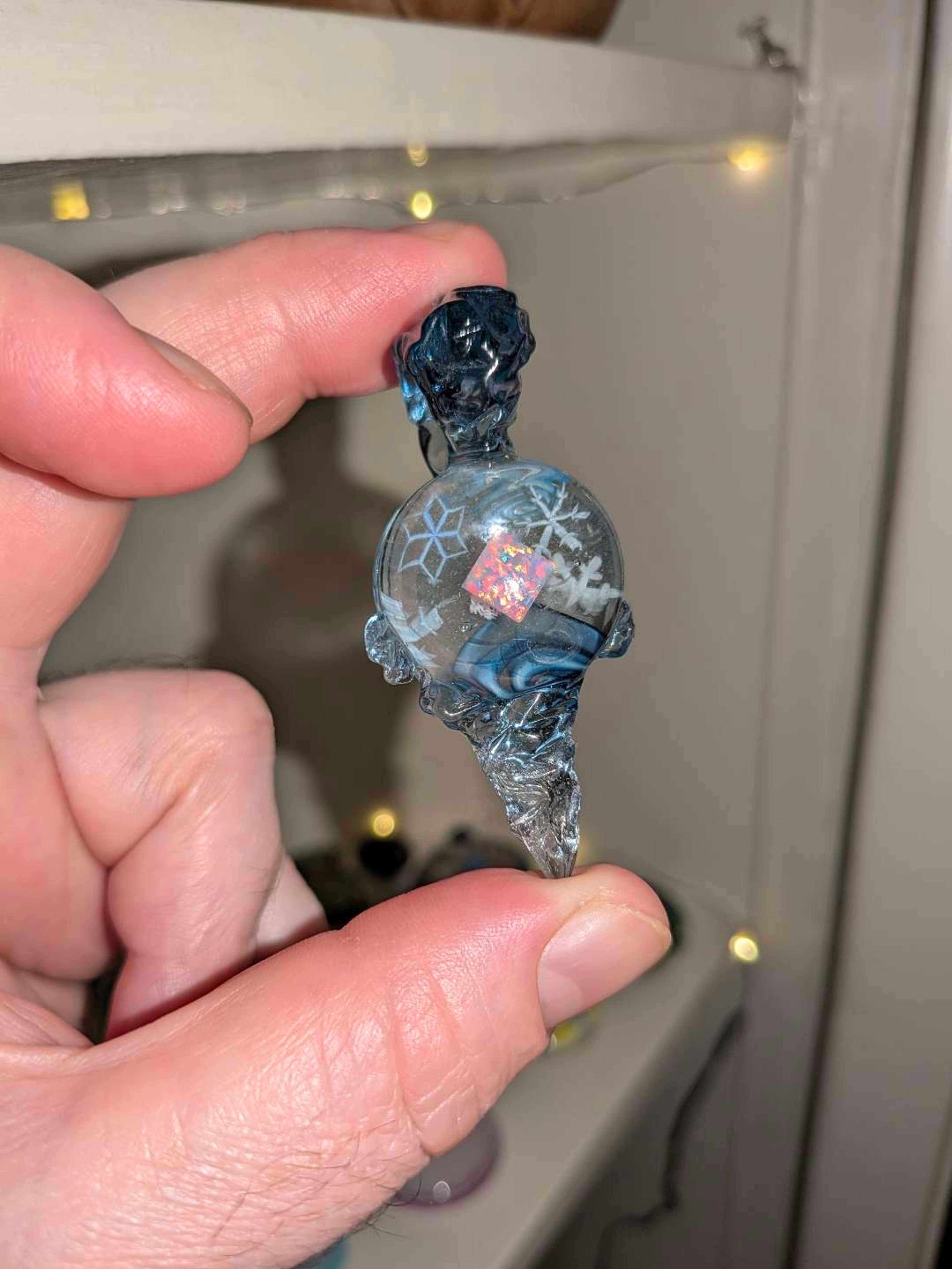 Preview pic of Chaka Glass icicle pendant with opal snowflake millies and lake ice tech UV reactive
