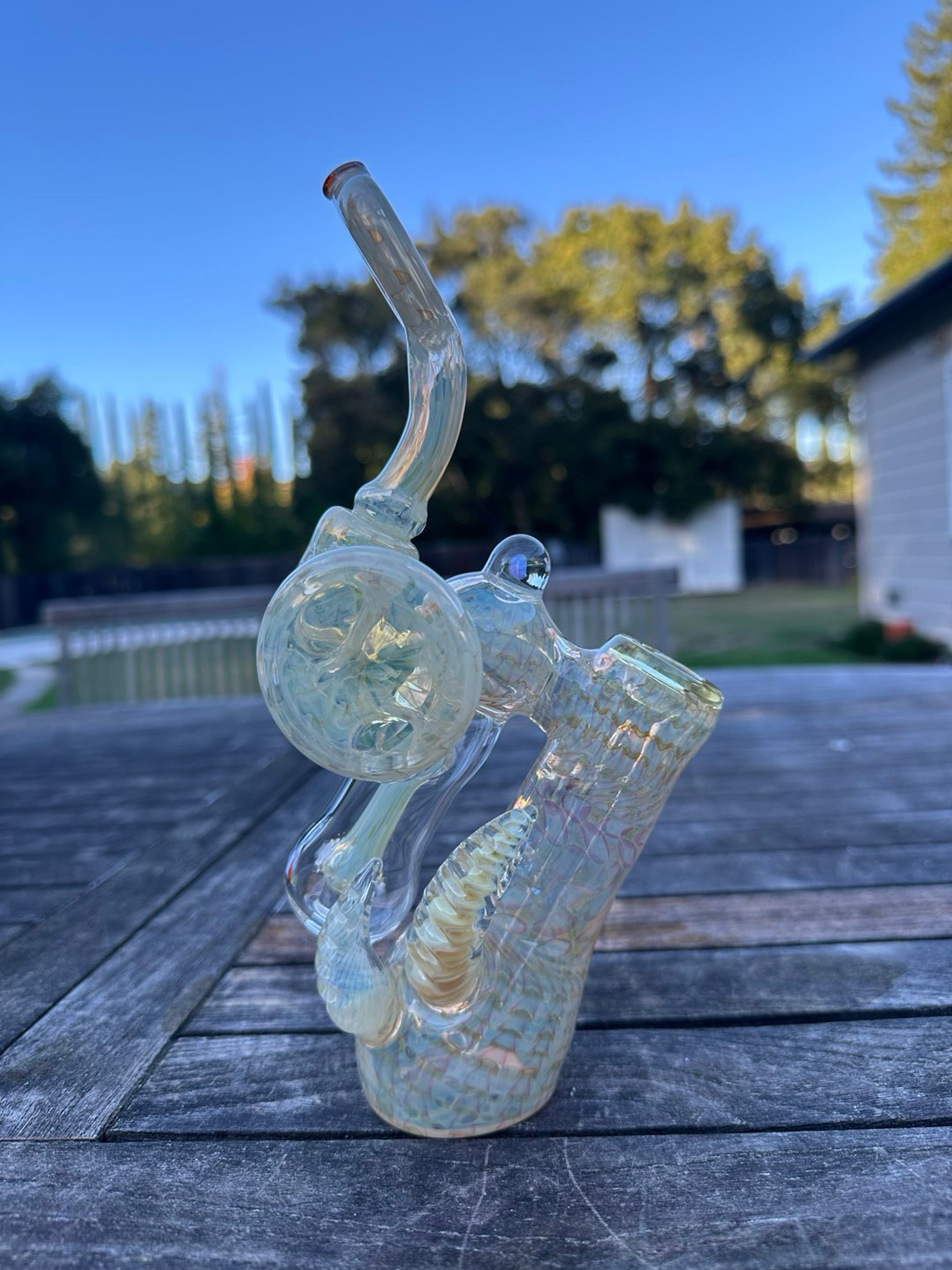 Preview pic of Rhodes Glass Heady Mini Double Bubbler with 2 worked disc 2 horns and 1 opal