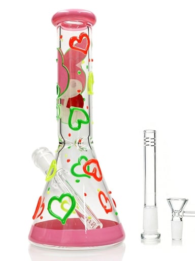Preview pic of 10" Cute Cat & Hearts Glow In The Dark Glass Water Bong W/ 14mm bowl Pink