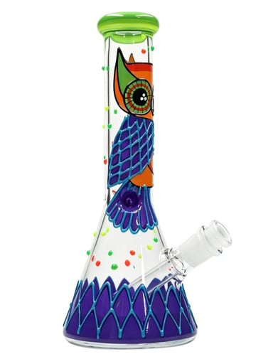 Preview pic of 10' Glass Water Bong Beaker W/ A Owl 🦉 Design & 14mm bowl