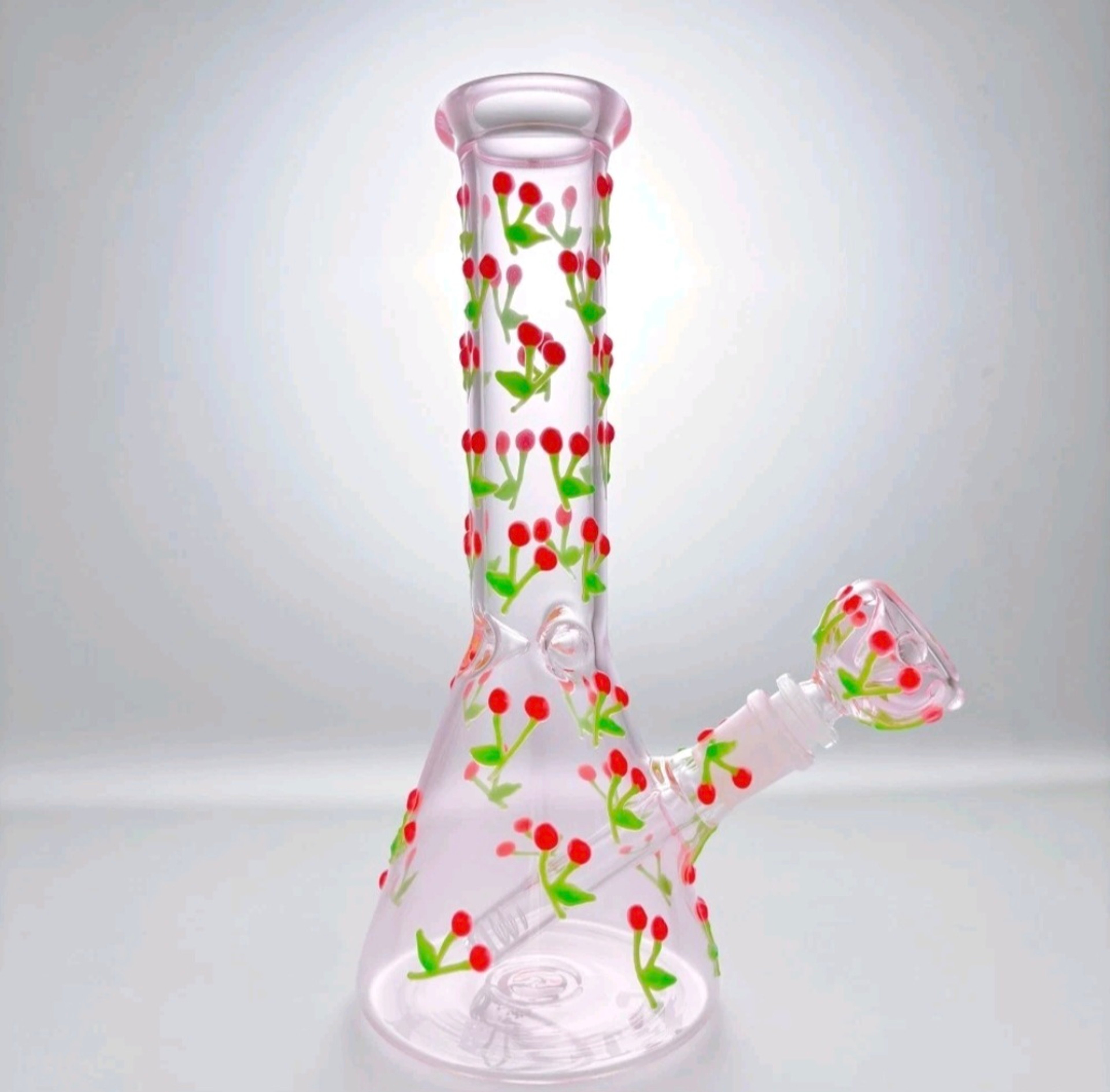 Preview pic of 10'' Glow In The Dark Hand Painted Cherry 🍒 Beaker Glass Water Bong