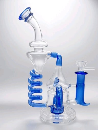 Preview pic of 9'' Blue Coil Recycler Glass Water Bong Dual Filtration W/14mm Bowl