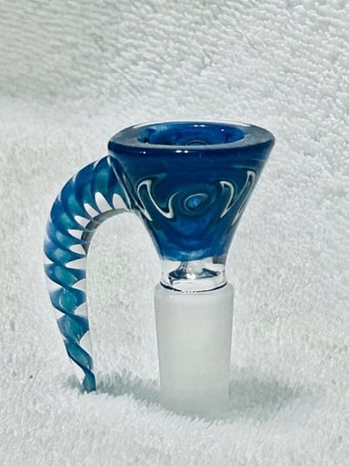 Preview pic of Colorful hand-blown glass bowl featuring teal and blue swirls