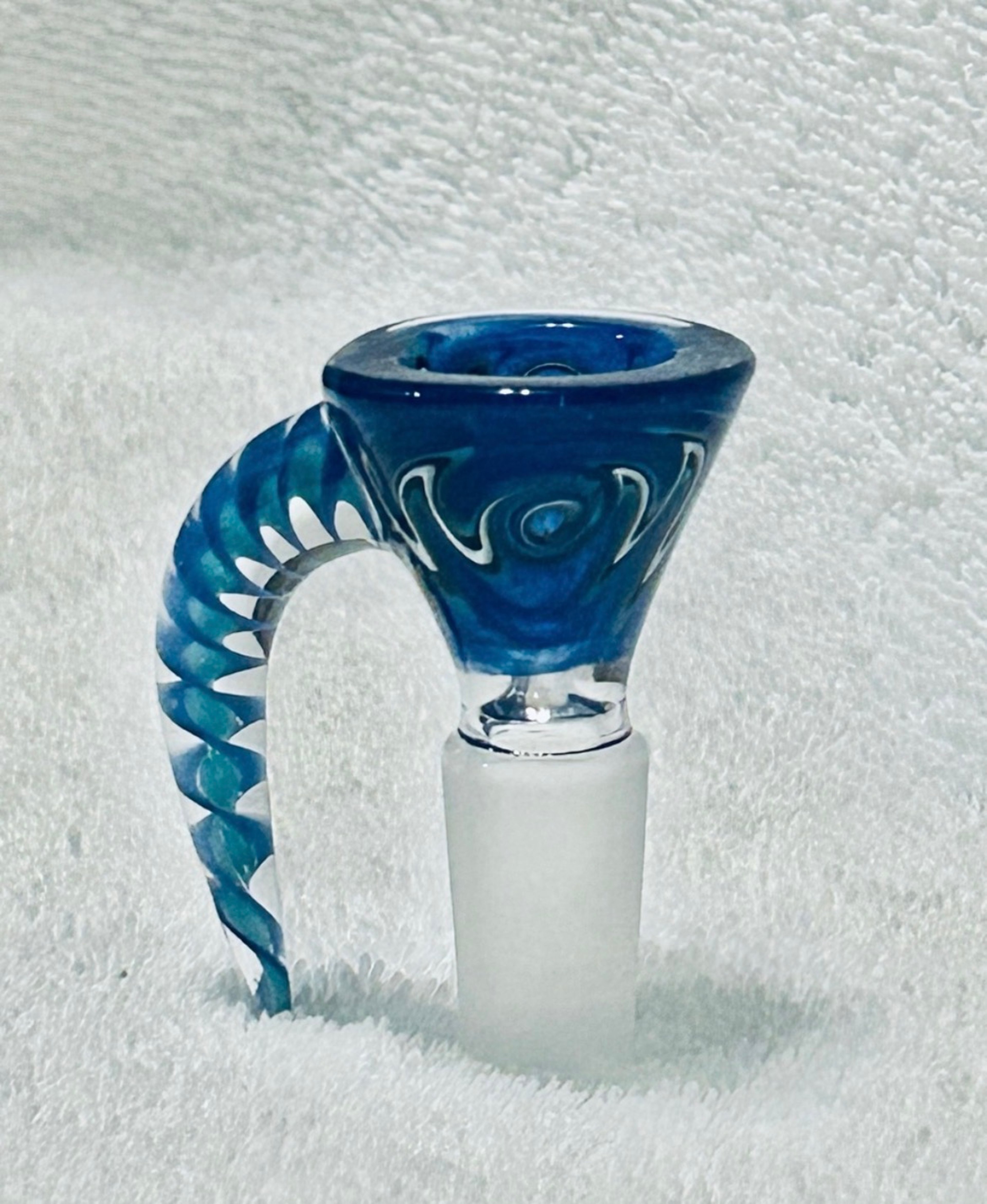 Preview pic of Colorful hand-blown glass bowl featuring teal and blue swirls