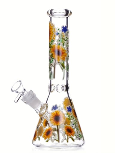 Preview pic of 11' Glow In The Dark Glass Water Bong W/ Sunflower & Wildflower Design W/ 14mm Bowl