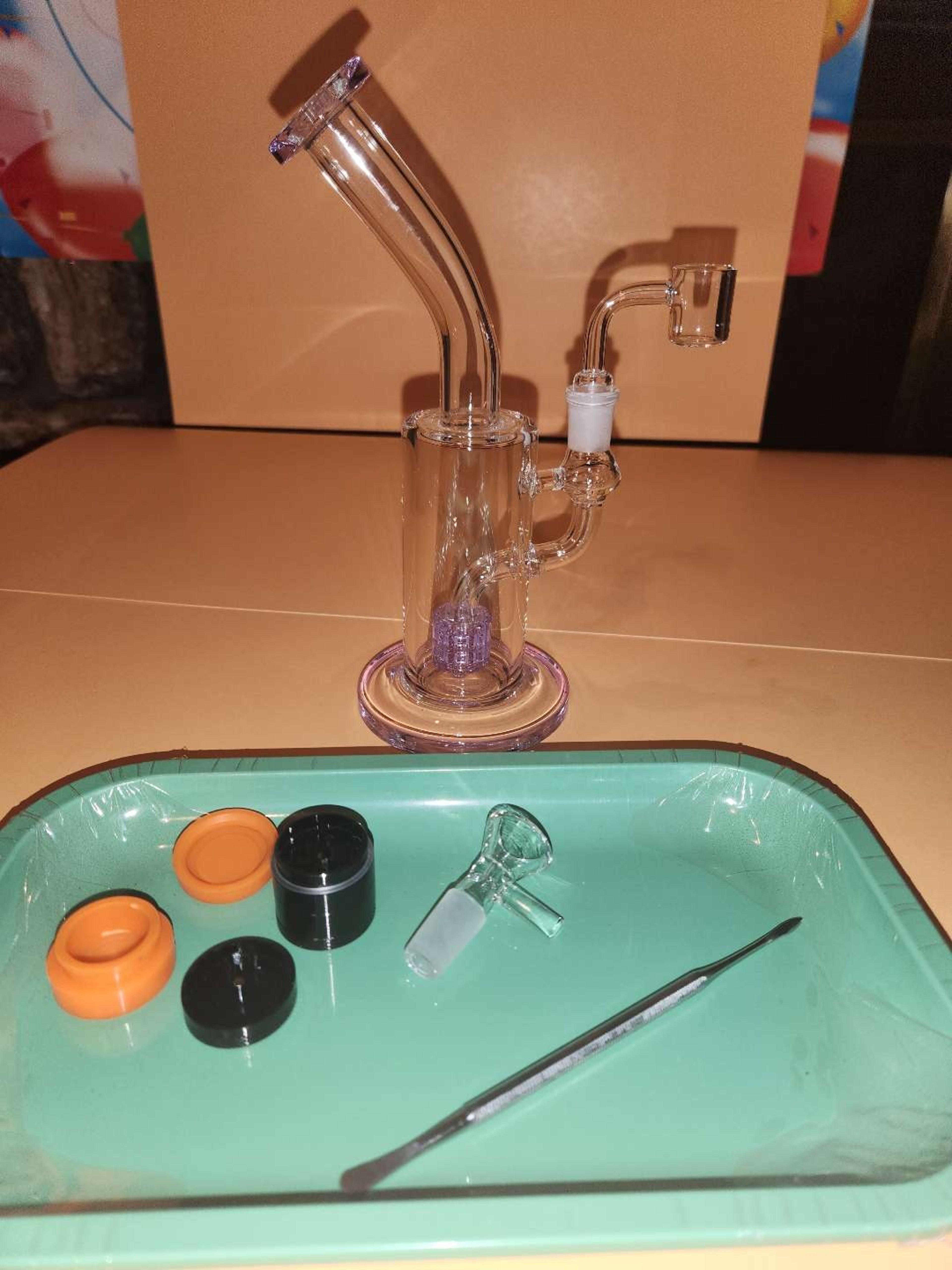 Preview pic of 9" HW purple Rig with banger, dry bowl, dabber, grinder, slick, tray