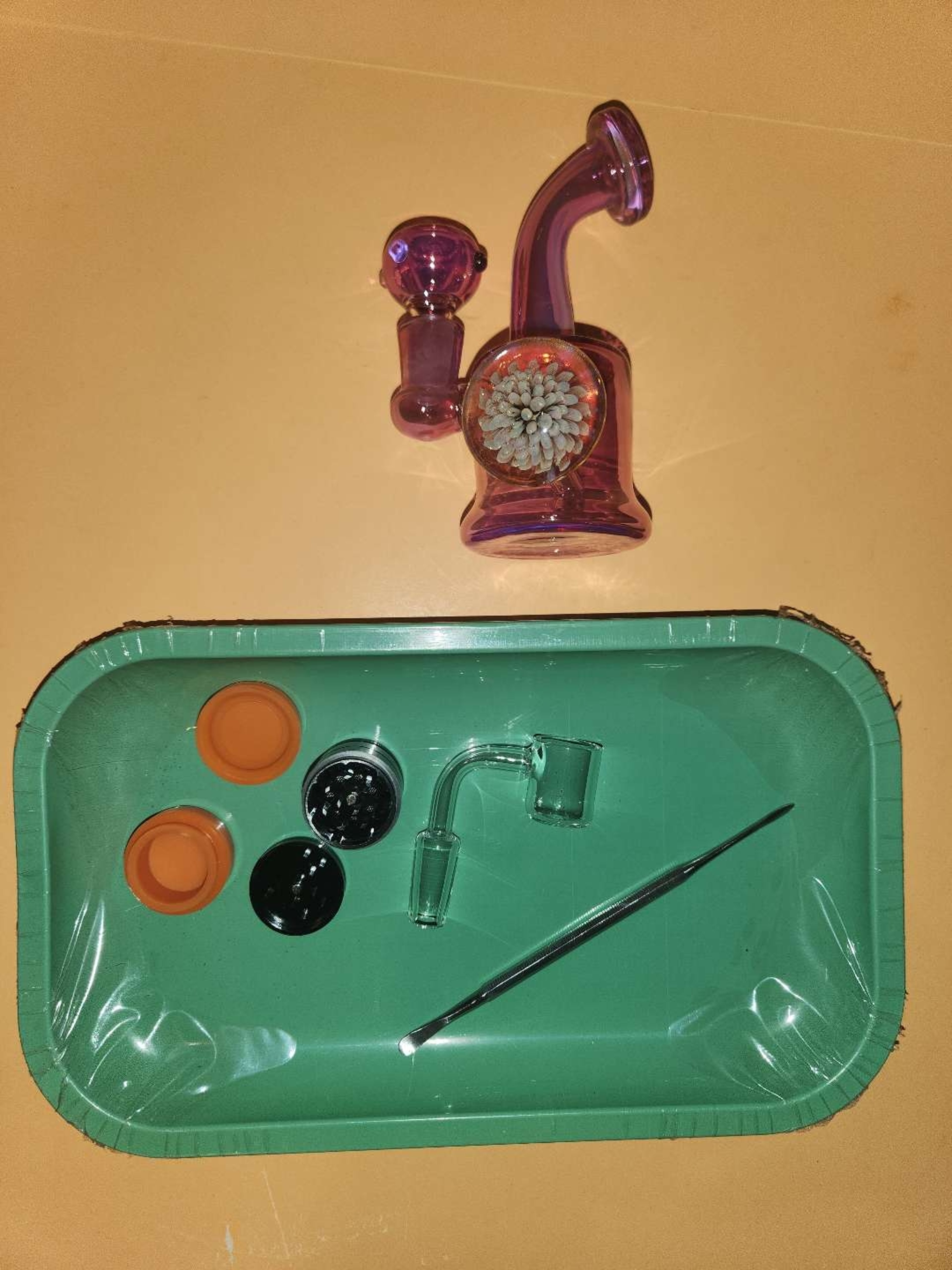 Preview pic of Mini 5" PINK gold fume water pipe with banger etc