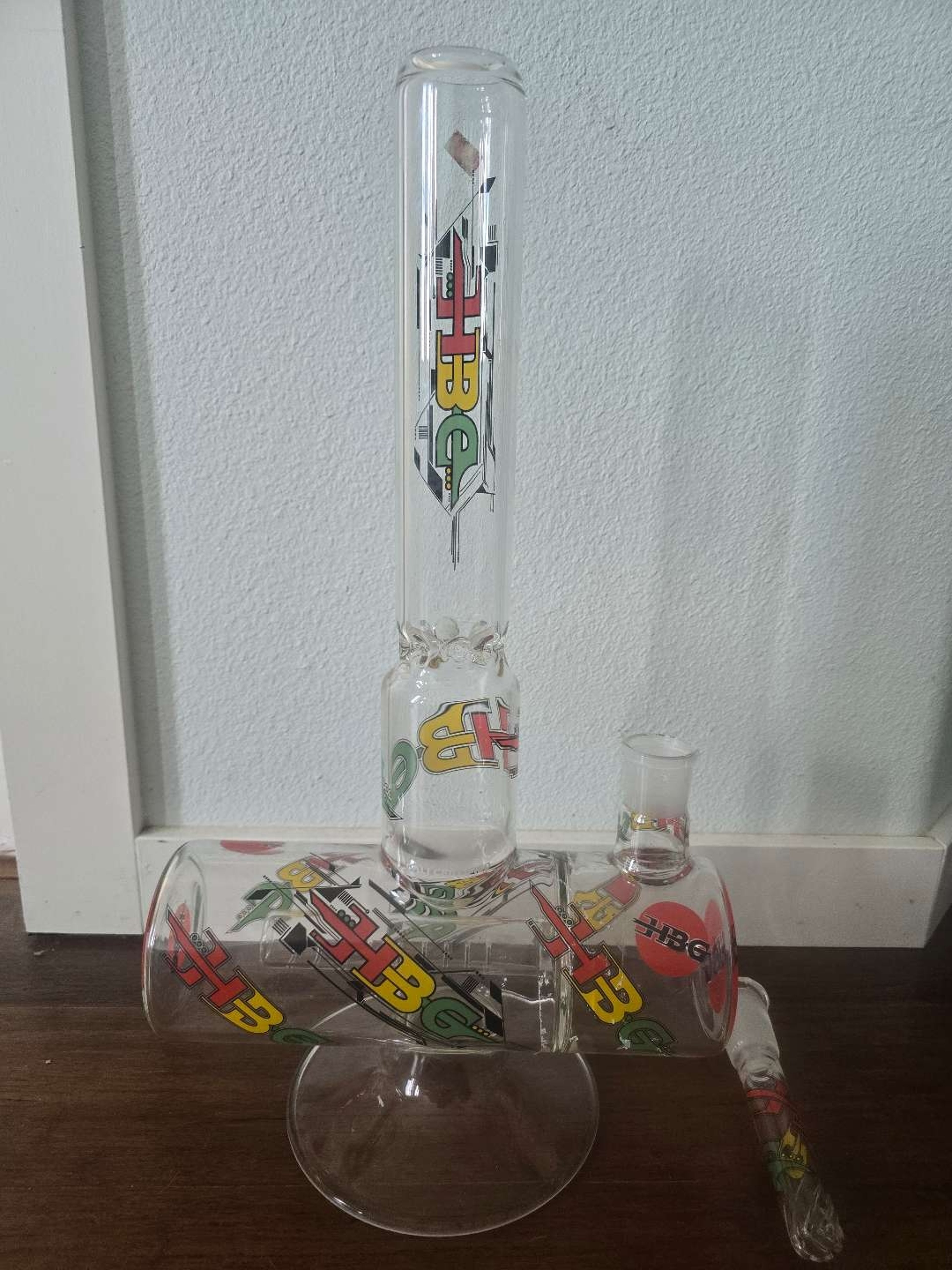 Preview pic of HBG Glass Inline Barrel Roller Water Pipe - Sticker Bomb Design