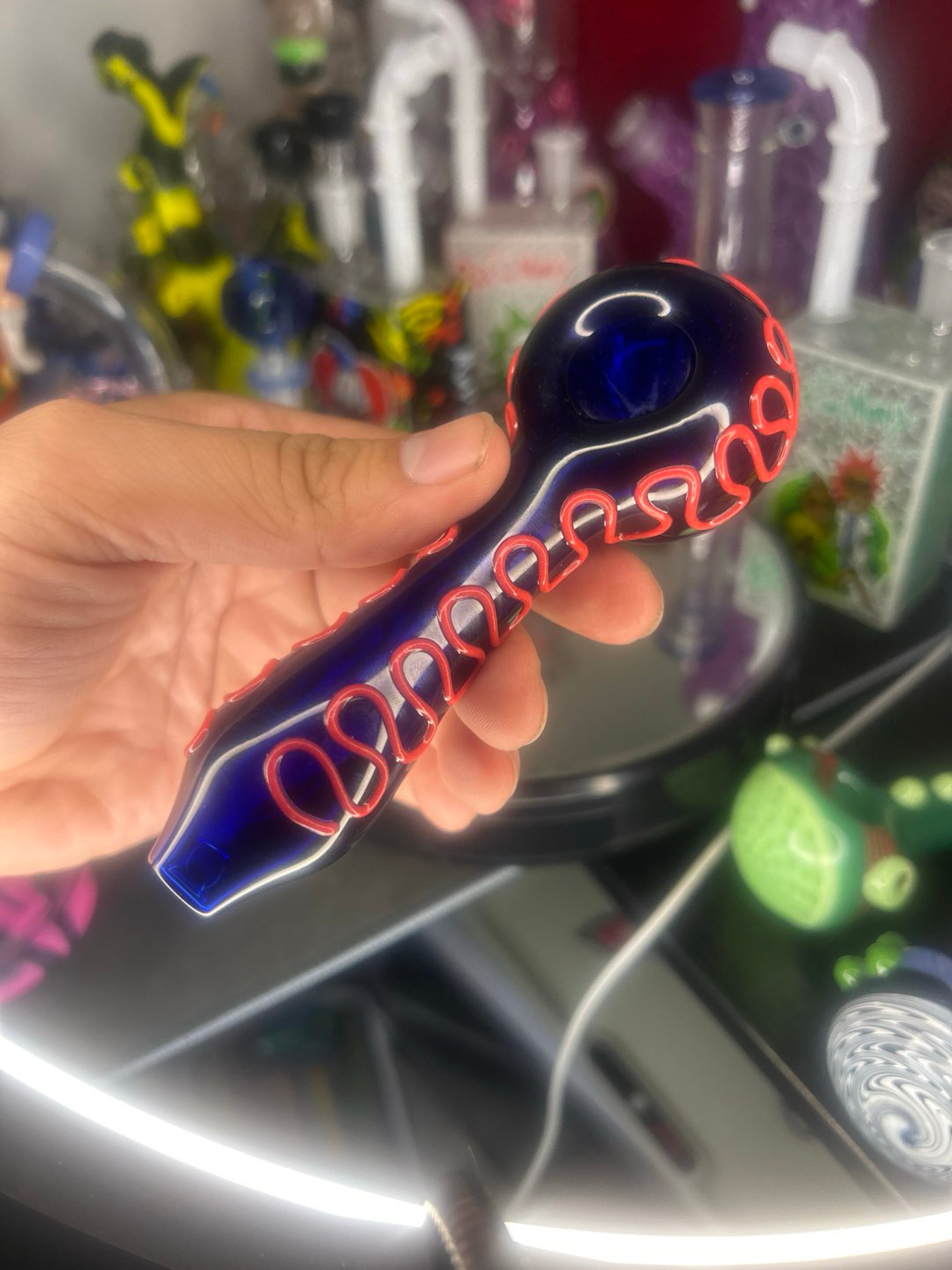🔥 Blue & Red Spiral Glass Hand Pipe image 0