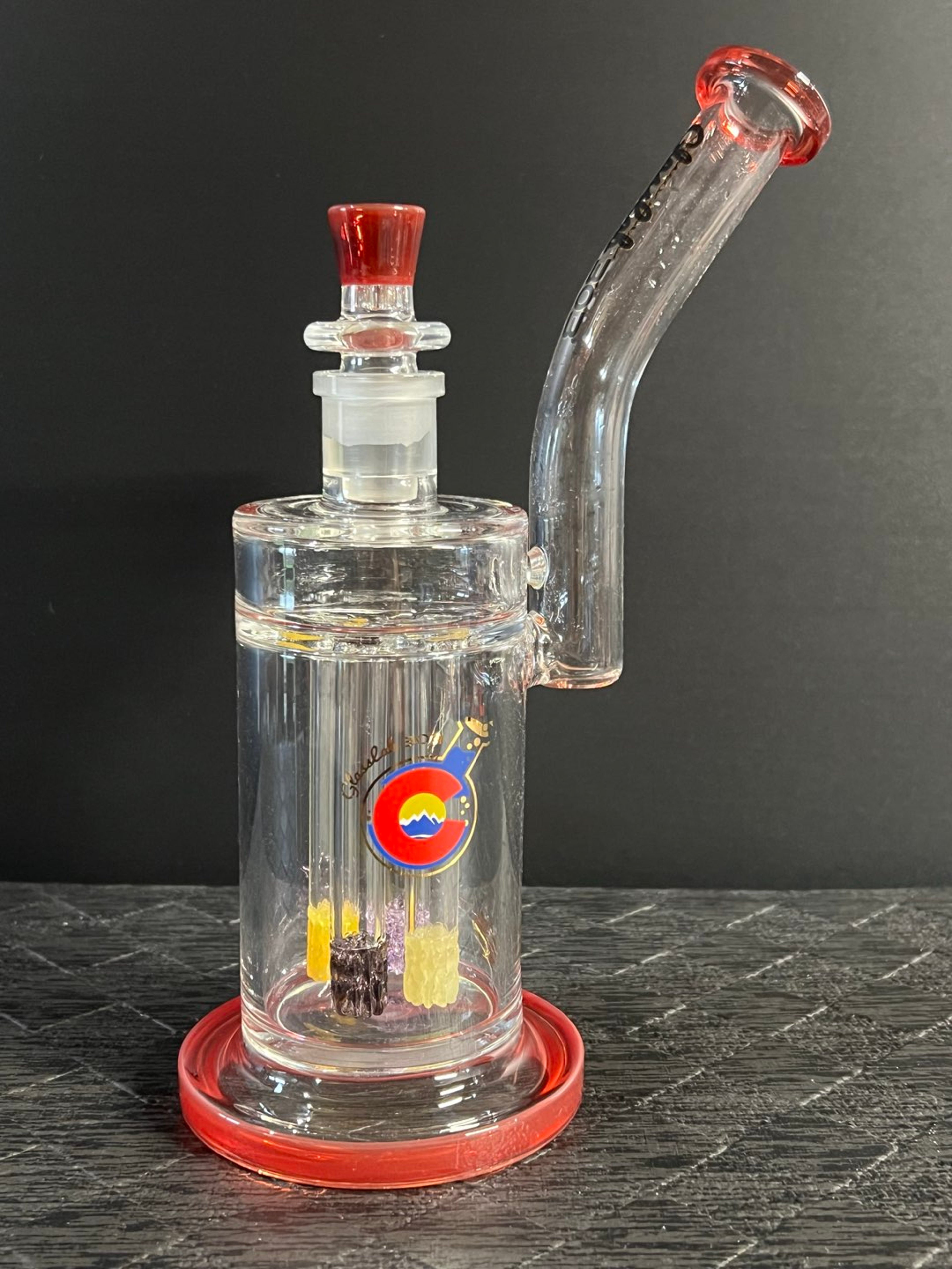 Glasslab 303 Red 18mm Lace Perc Rig Bong with Witch DR 7 hole Slide image 0