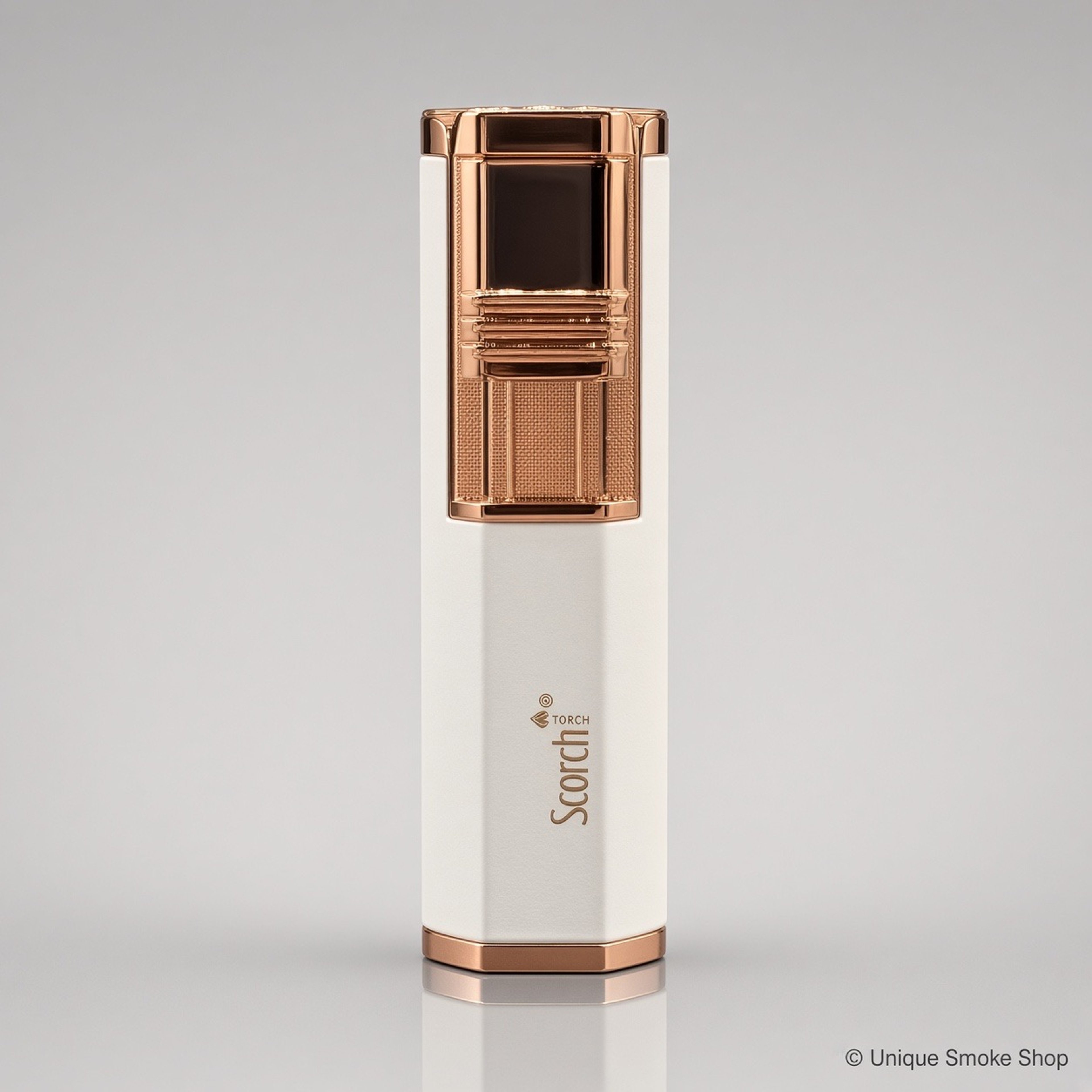 Preview pic of Scorch Torch 61706 Dual Flame Butane Lighter – White / Rose Gold – Auto Open + Built-In Cigar Punch – 3.2” Compact