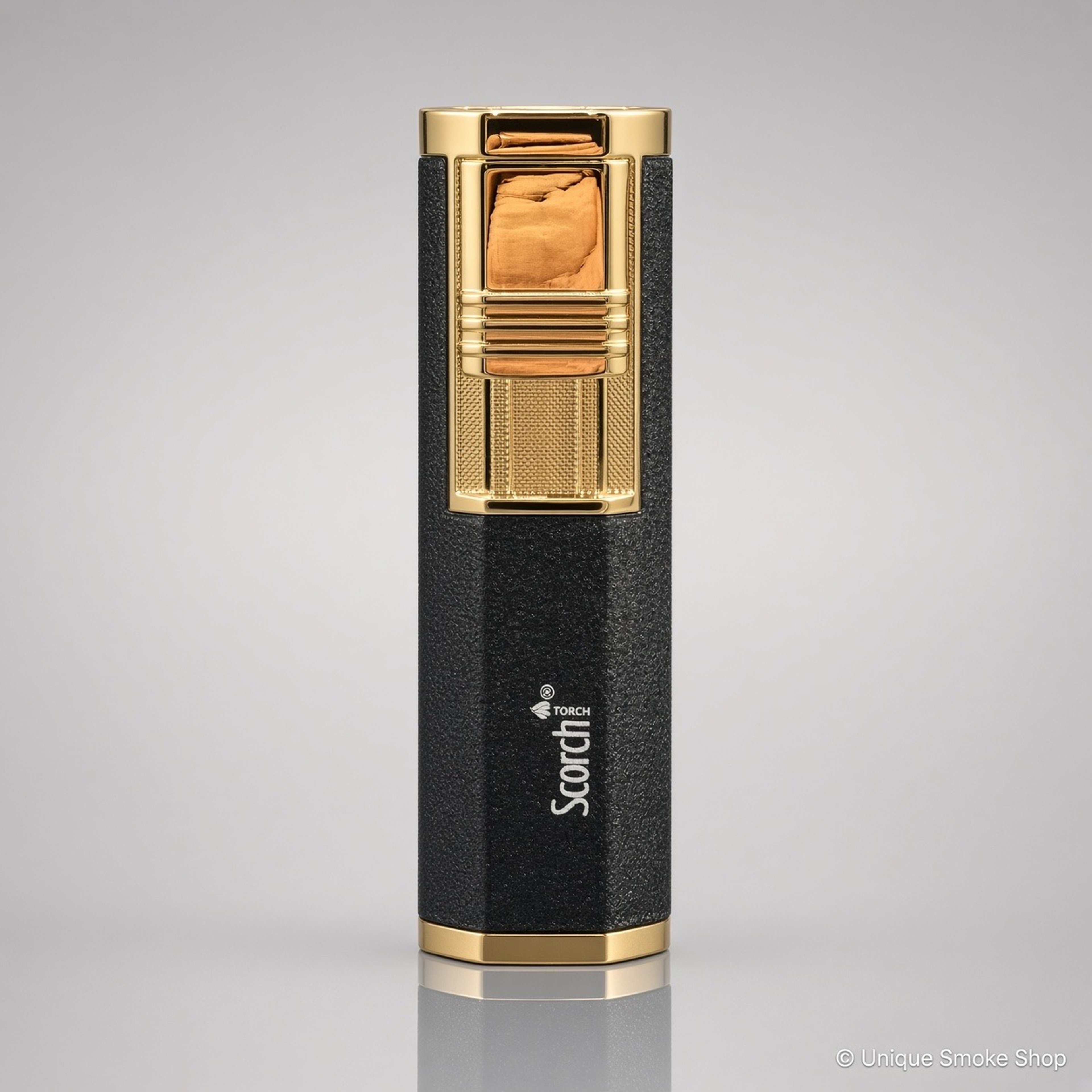 Preview pic of Scorch Torch 61706 Dual Flame Butane Lighter – Black / Gold – Auto Open + Built-In Cigar Punch – 3.2” Compact
