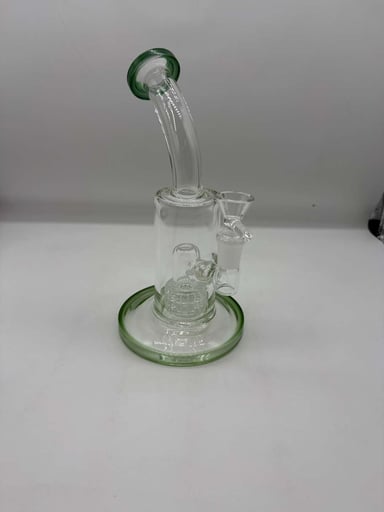 Preview pic of 8" Bent Neck Water Beaker – Showerhead Chamber, Green Accents, Clear Glass, Brand New, Free Shipping