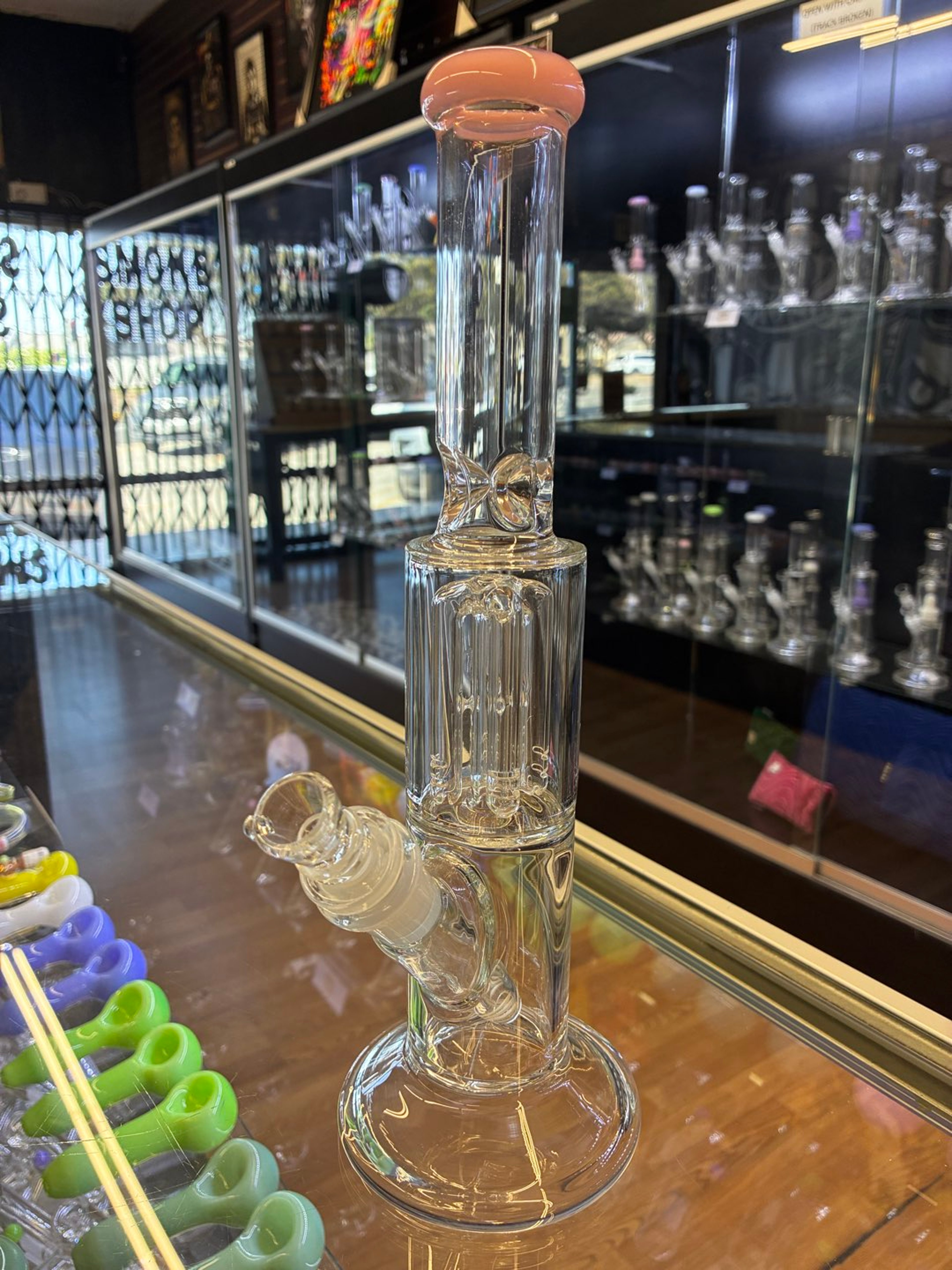 12” American Made Straight Tube with 4 arm tree Perc with pink mouth lip image 0