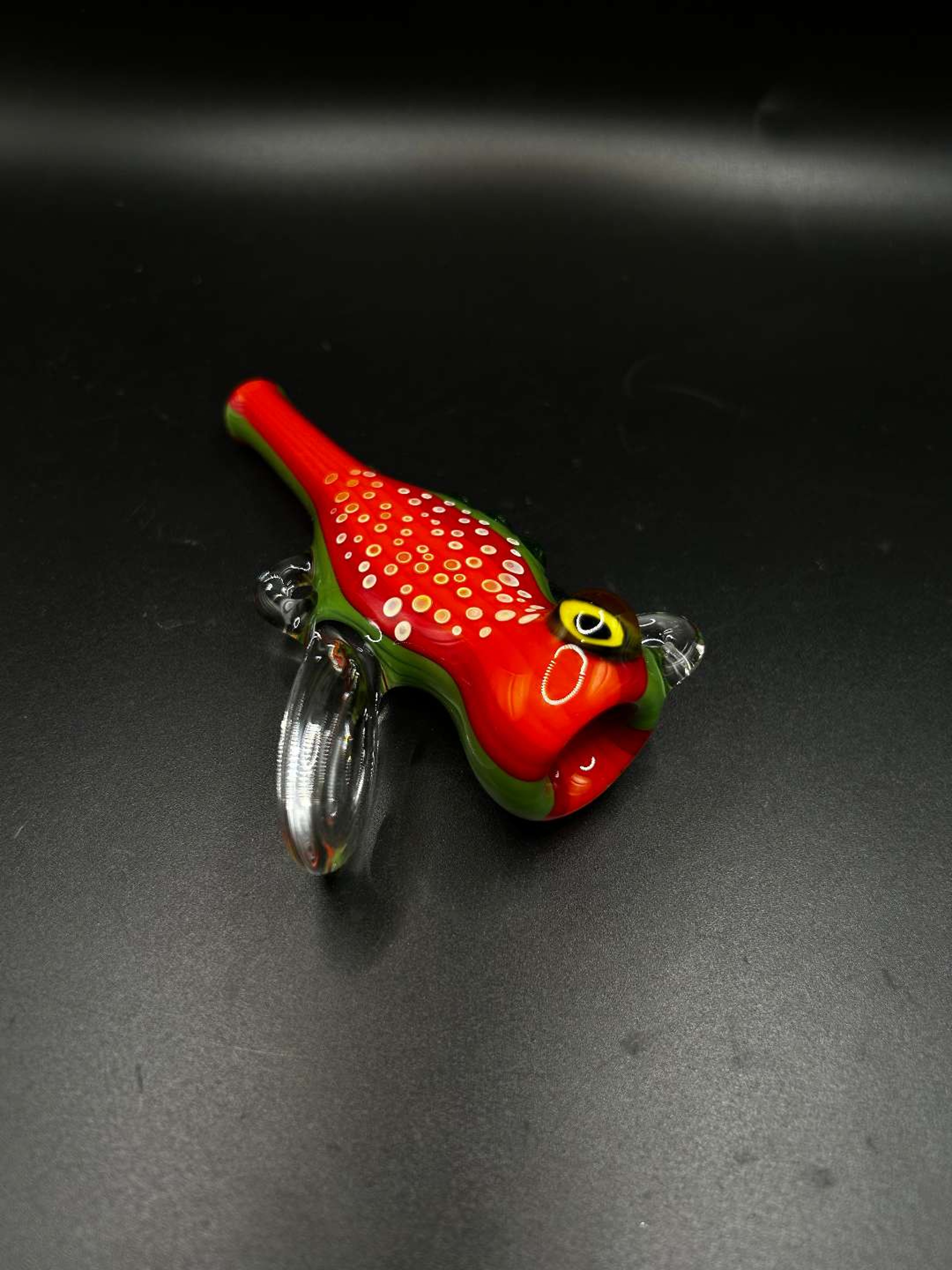 Preview pic of Authentic Matty White Handcrafted Glass Fishing Lure – Red & Green Dot Art Glass